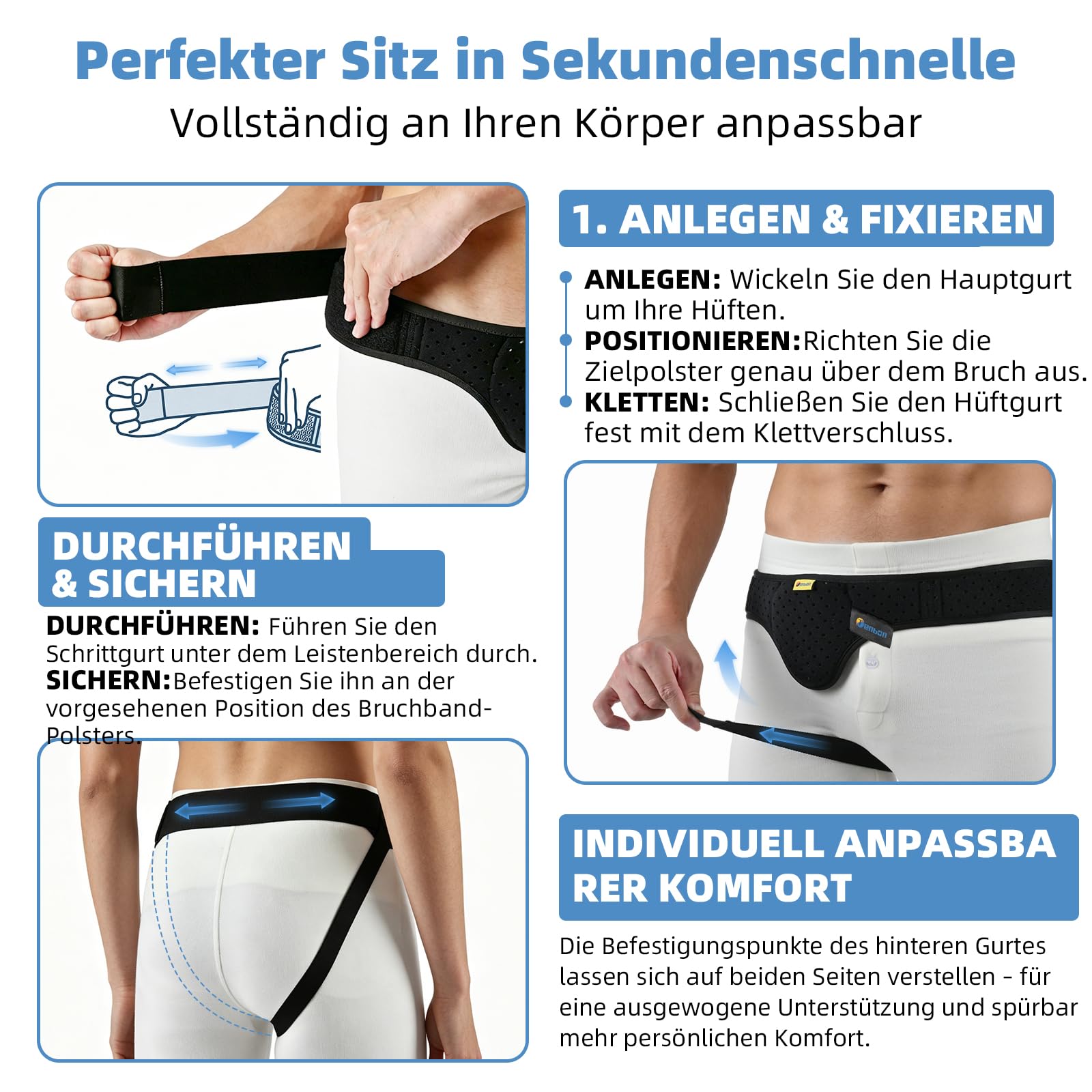 Tenbon Herniengürtel für Männer, Leistenhernien-Unterstützung, medizinischer Hernienschutz, Leistenbandage für einzelne Sporthernien, verstellbarer Hüftgurt mit abnehmbaren (Black, L)