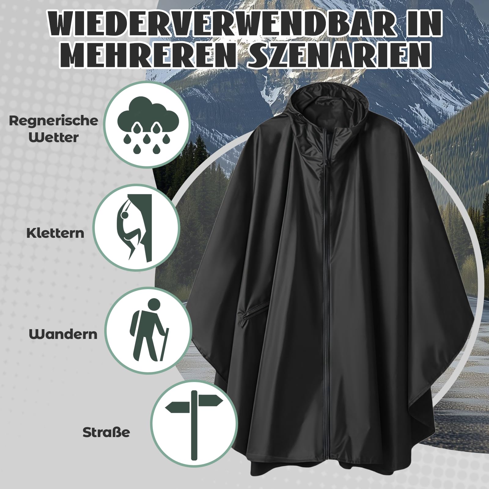 Wasserdichter Regenponcho mit Tragetasche, Winddichte Regenbekleidung für Damen & Herren, Leicht & Kompakt für Fahrrad fahren, Reise, Trekking, Wiederverwendbarer Regenmantel