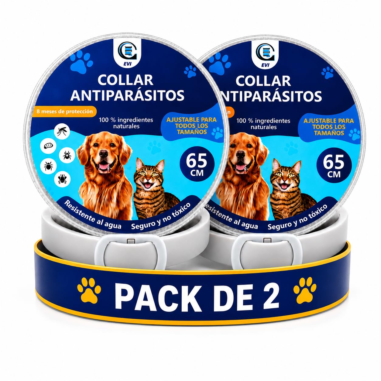 CE EVI Pack 2 Collares Antiparasitarios Perros y Gatos 65 cm 8 Meses