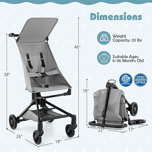 Miniatura 7 de BABY JOY Cochecito ligero, cochecito de viaje compacto para avión con fácil plegado con una sola mano, toldo ajustable, cesta de almacenamiento y