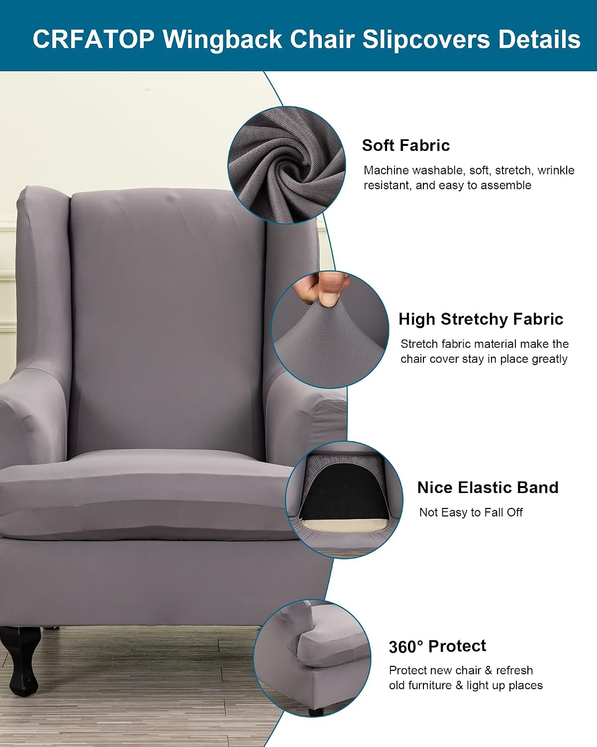 CRFATOP 2 Piece Stretch Wingback Chair Cover Solid Wing Chair Slipcovers Spandex Fabric Wingback Armchair Covers with Elastic Bottom for Living Room Bedroom Wingback Chair,C68