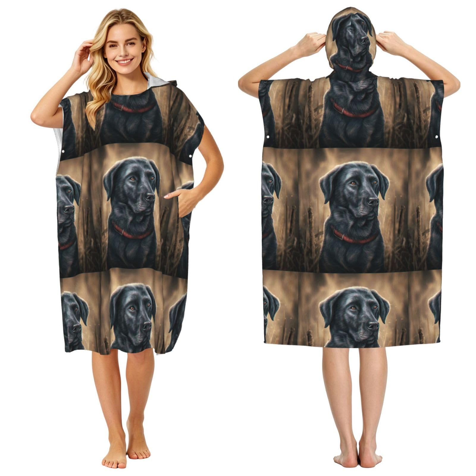 Poadnly Black Labrador, Adult Hooded Beach Towel 90 x 110 cm,Changing Bath Robe, Surf Poncho Towel For Women Men