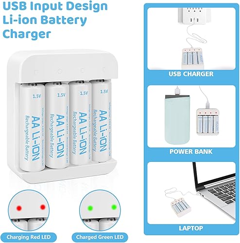 Miniatura 2 de Paquete de 4 baterías recargables AA de litio de 1.5 V con cargador (ranura independiente de 4 bahías), batería doble A de larga duración, 3600 mWh