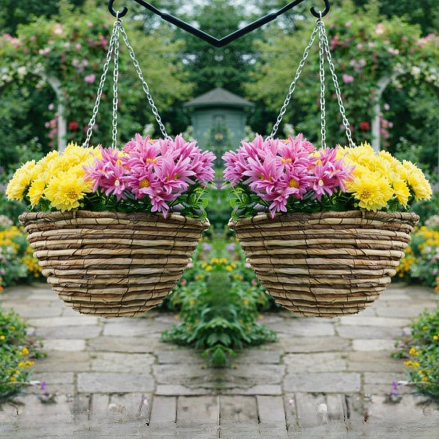 Garden Mile 12” Hanging Flower Basket – Set of 2 Round Rattan Wicker Planter with Liner & Chain - Outdoor Hanging Plant Pot for Garden, Balcony & Patio Decoration