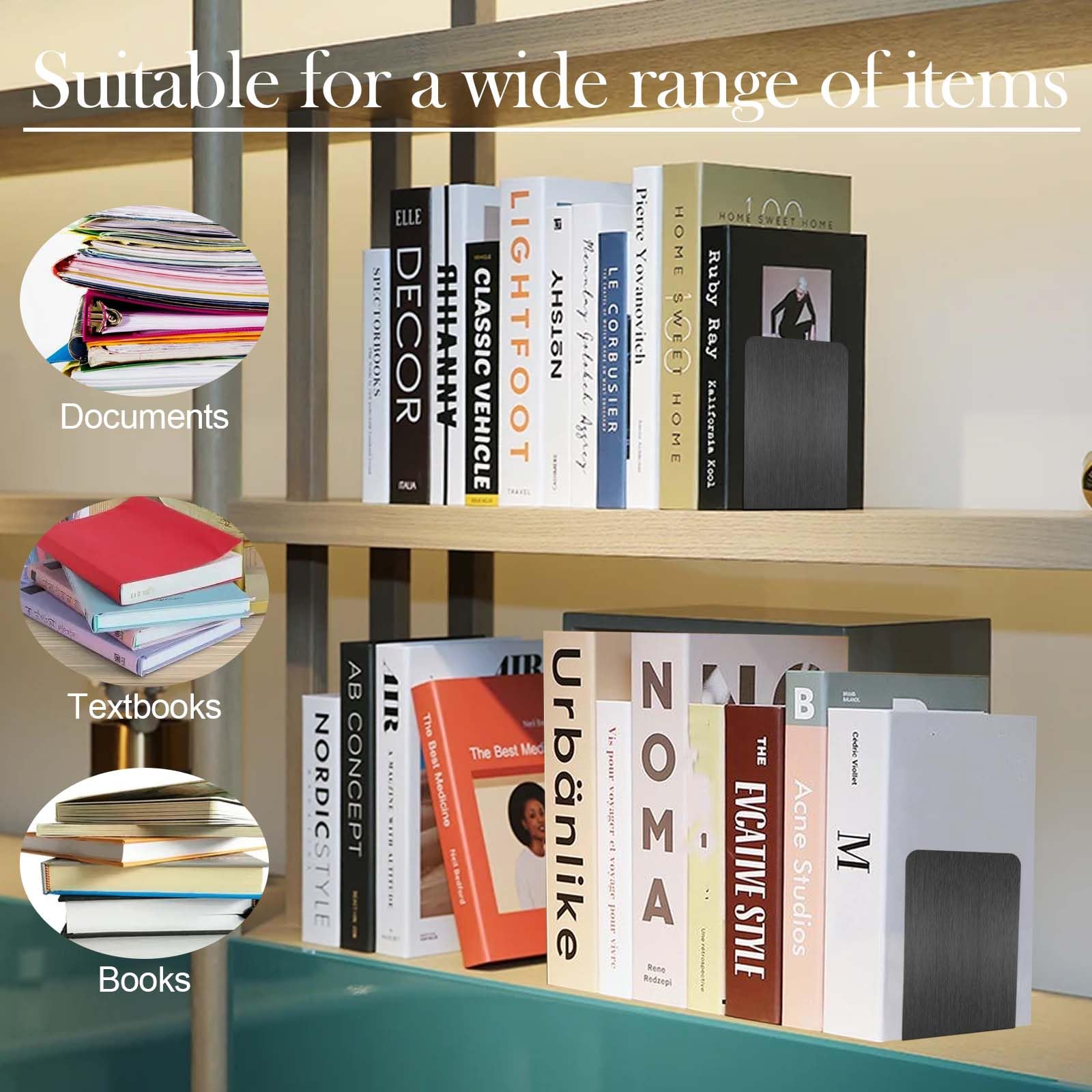 Sprifityy Sujetalibros de Metal (6 Unidades),Separador de Libros,15 * 15 * 10cm,con Alfombrilla Antideslizante,Organizador Libros para,para Escuela, Oficina y hogar, Negro
