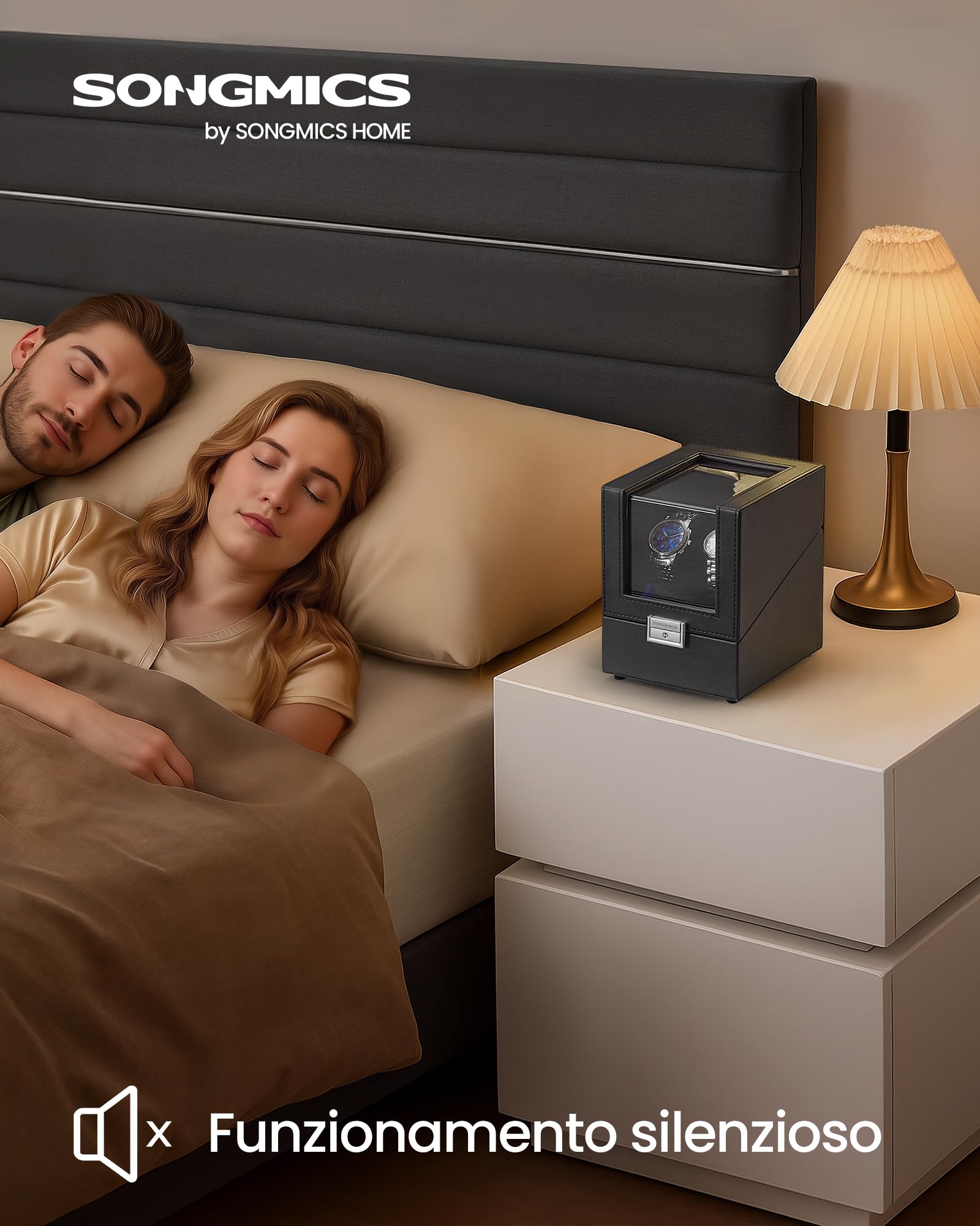 SONGMICS Carica Orologi, Caricatore Automatico Doppio per 1 Orologio con Motore Silenzioso, con LED, Cuscino Regolabile, Chiusura, 4 Impostazioni, con un Cavo di Ricarica USB-C, Nero JWB031B01
