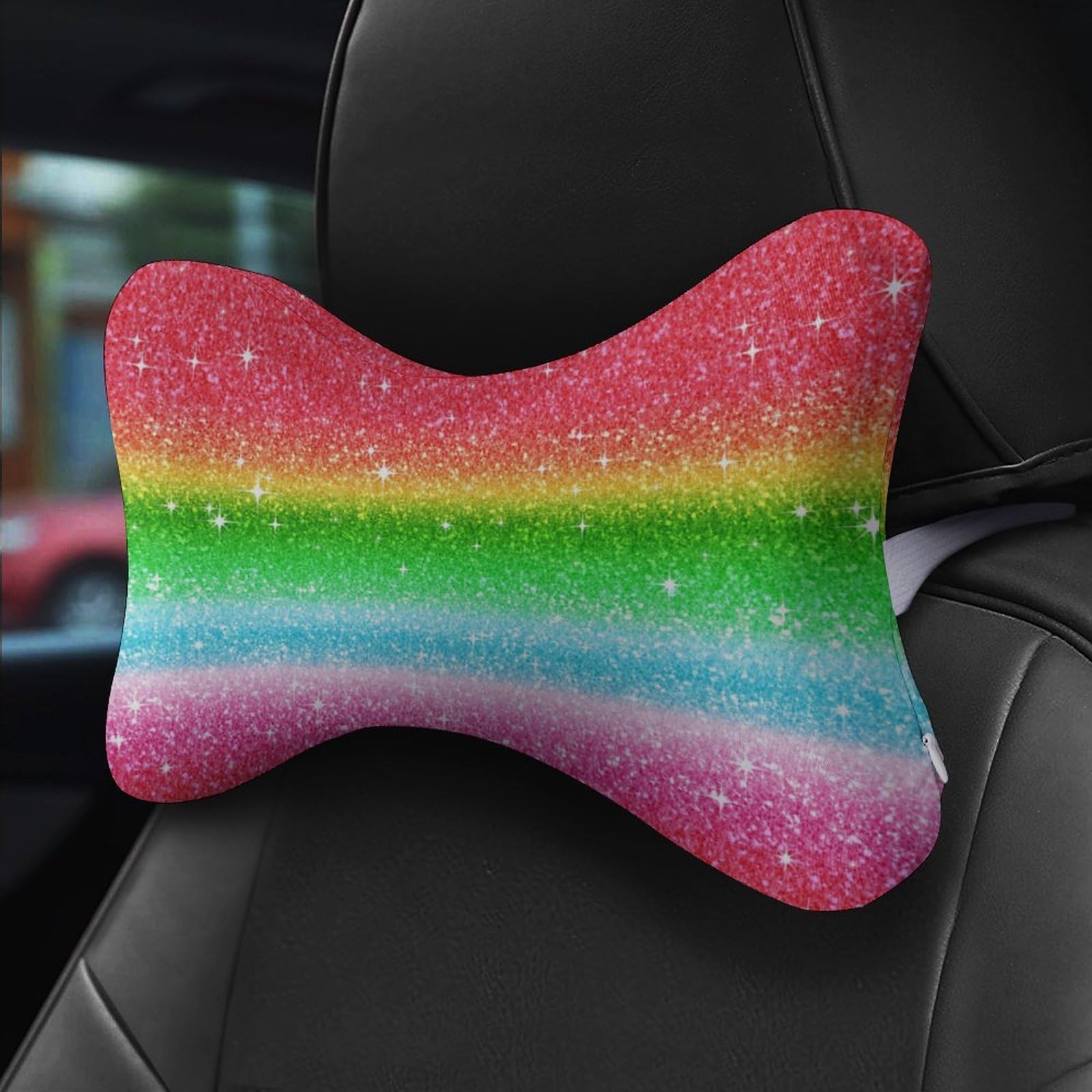 SMAZDFXX Rainbow Ombre Glitters Car Neck Pillow Set of 2 Car Seat Head Support Cushion Bone Pillows with Elastic Strap