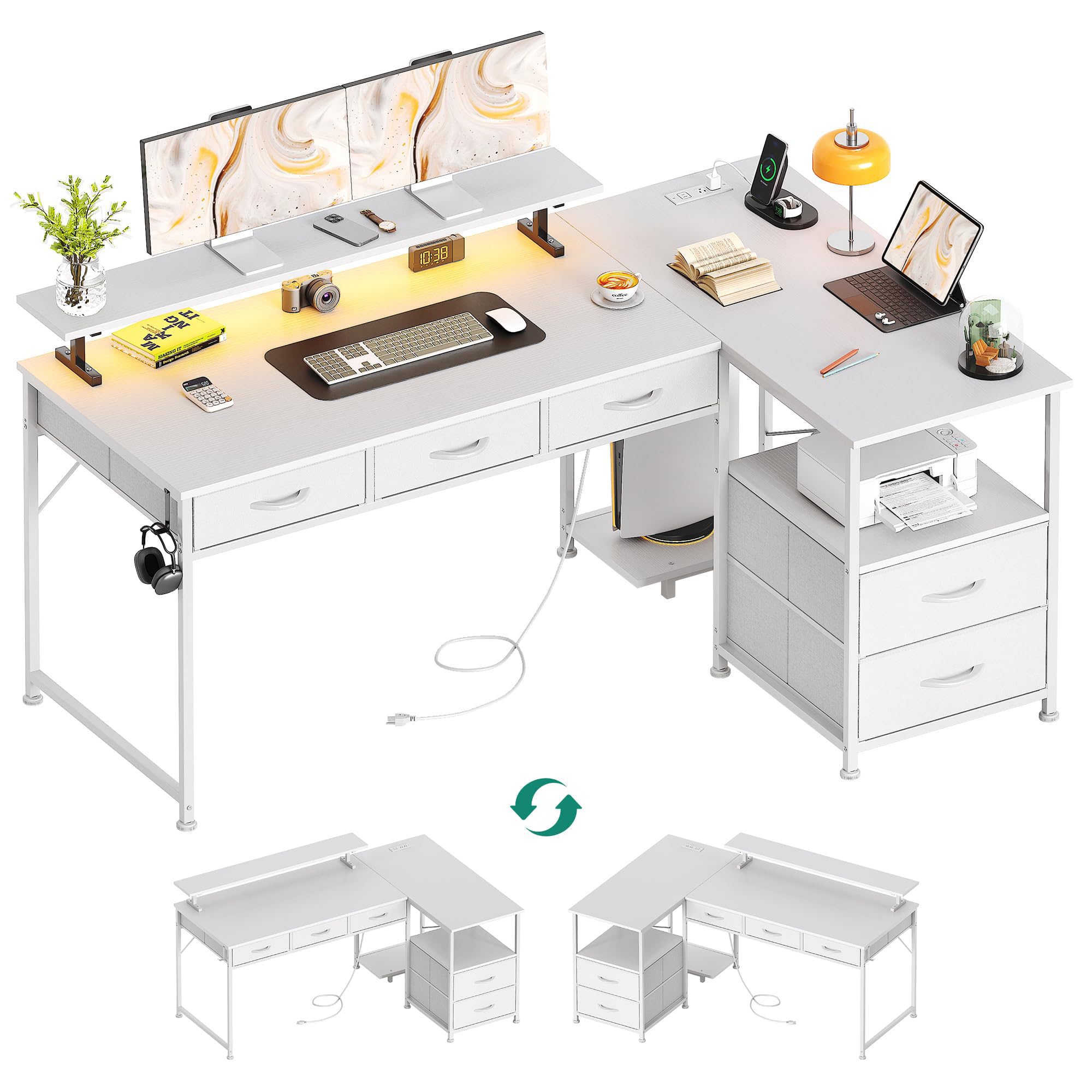 Flrrtenv 140cm Large Computer Desk with 5 Fabric Drawers, Home Office Work Desk with Power Outlets & Monitor Stand, L Shaped Gaming Desk with CPU Stand, Reversible Wooden Corner Desk, White