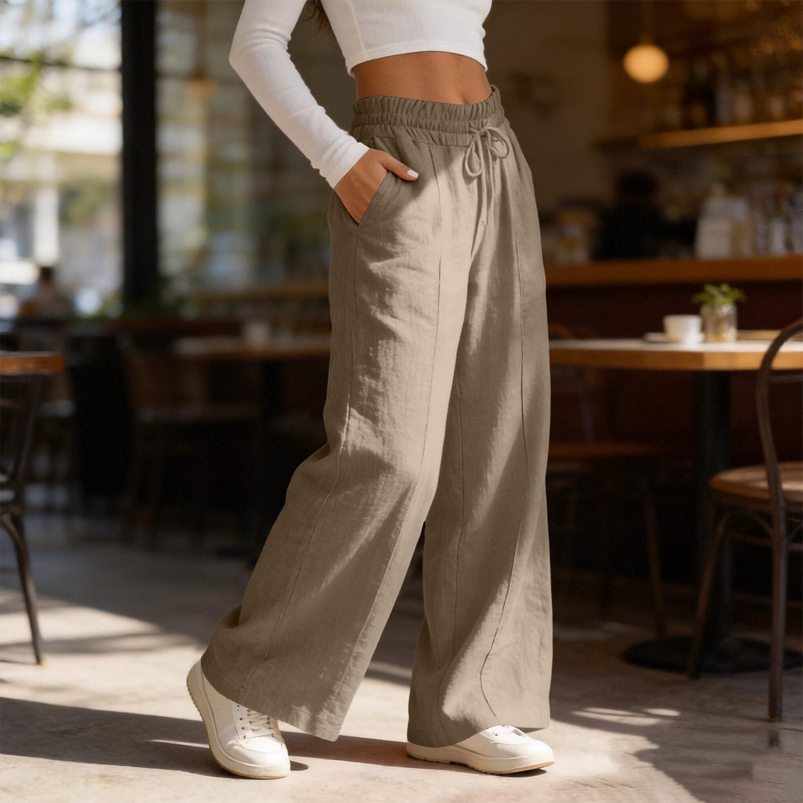 Women's Cotton Linen Pants Summer Straight Wide Leg Trousers Drawstring Elastic Waist Loose Beach Vacation Outfits - 4