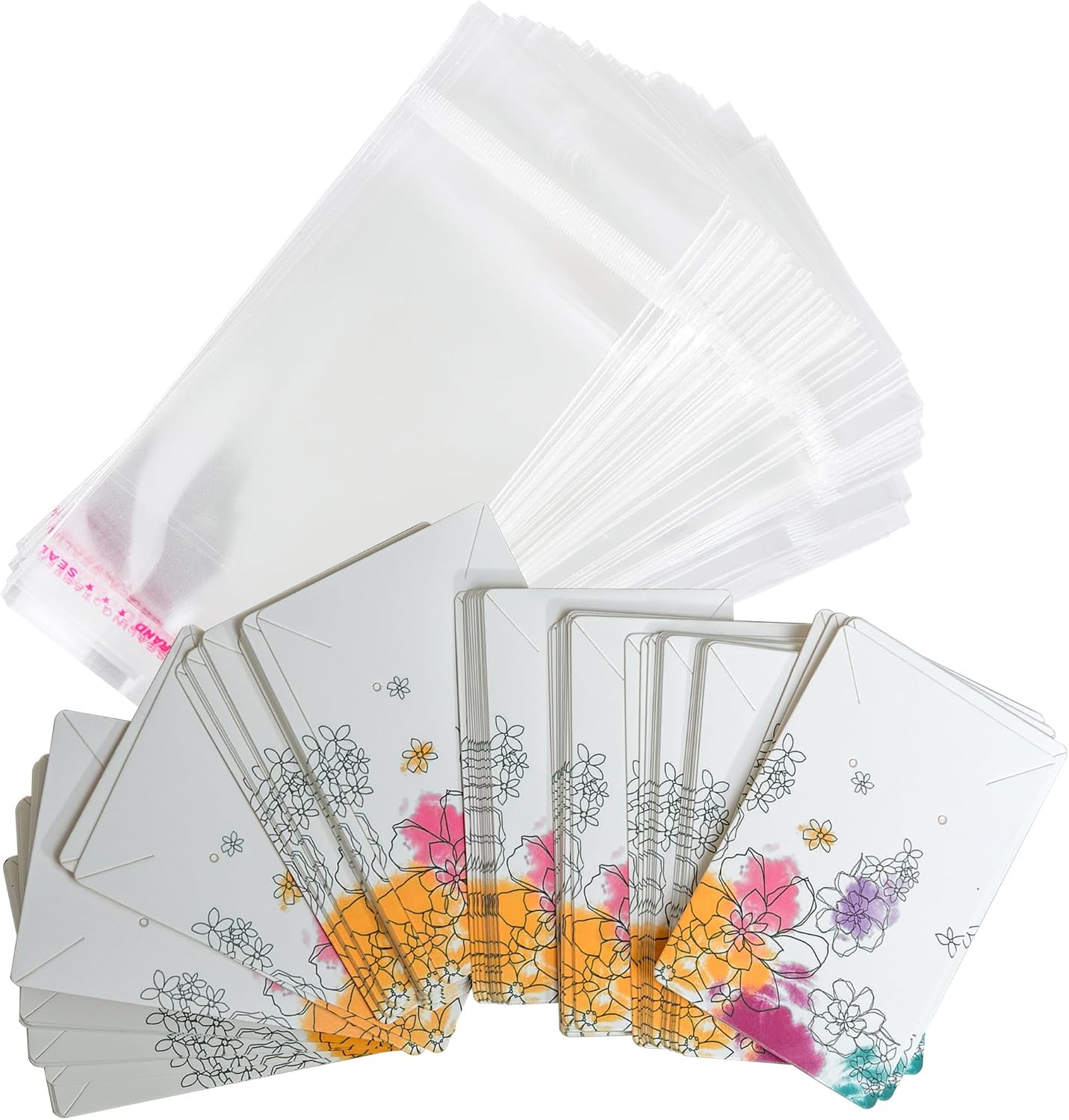 Flower Printing Necklace Cards with Bags Earring Cards Sets for Display Jewelry Display Hanging Card 3.5"x2.3" 100Pcs Paper with 100Pcs Bags