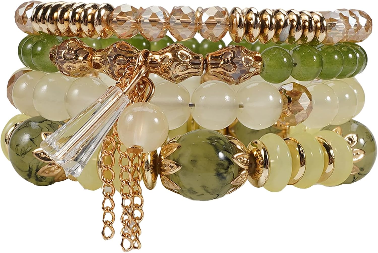 Bohemian Bracelet Sets for Women - 4-Pack Stackable Stretch Bead Bracelets with Black&White Crystal & Gold Accessories, Multi-Layer Boho Jewelry for Holiday Gift