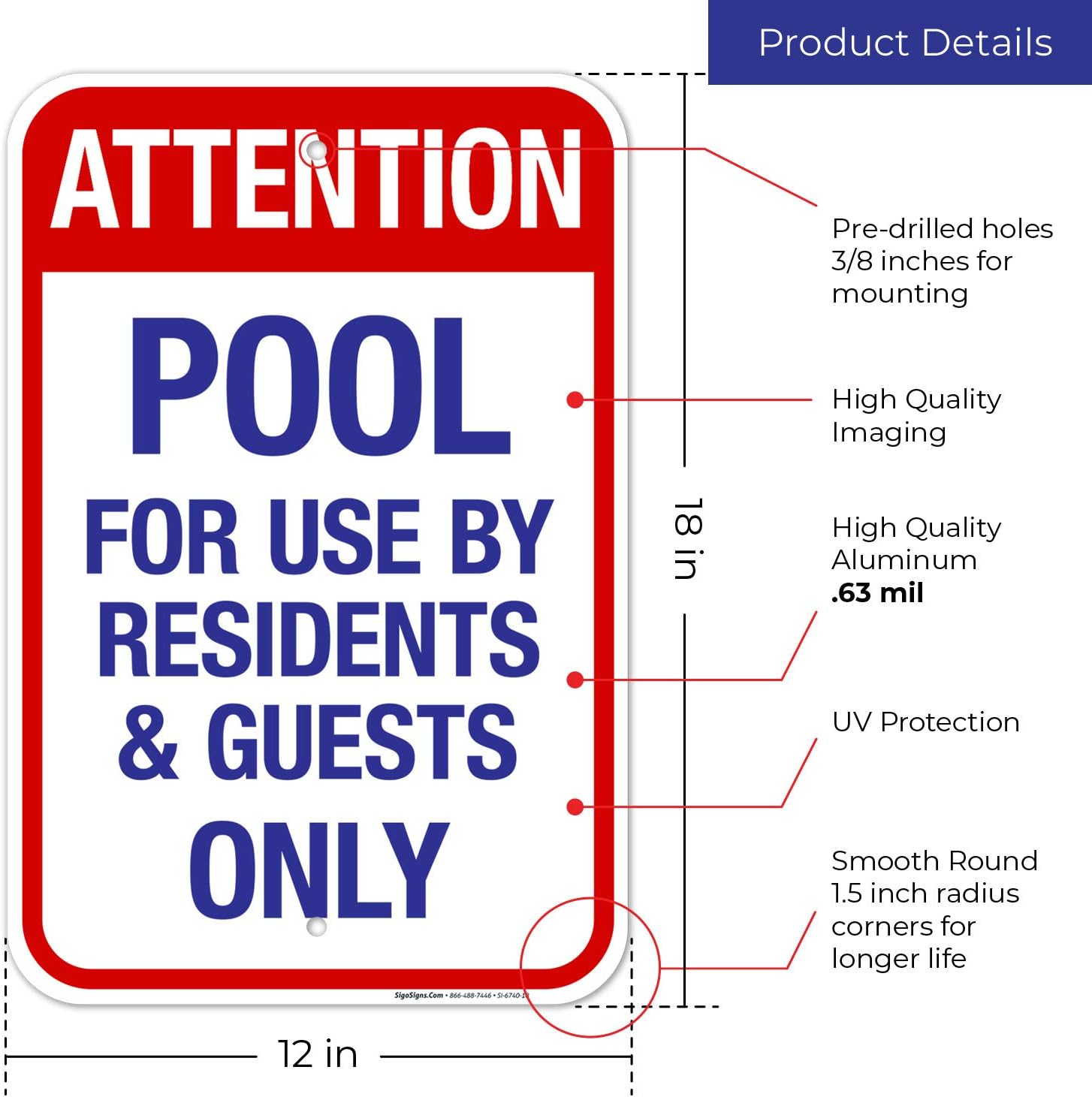 Attention Pool for Use by Residents and Guests Only Sign, Pool Sign, 12x18 Inches, Rust Free .063 Aluminum, Fade Resistant, Made in USA