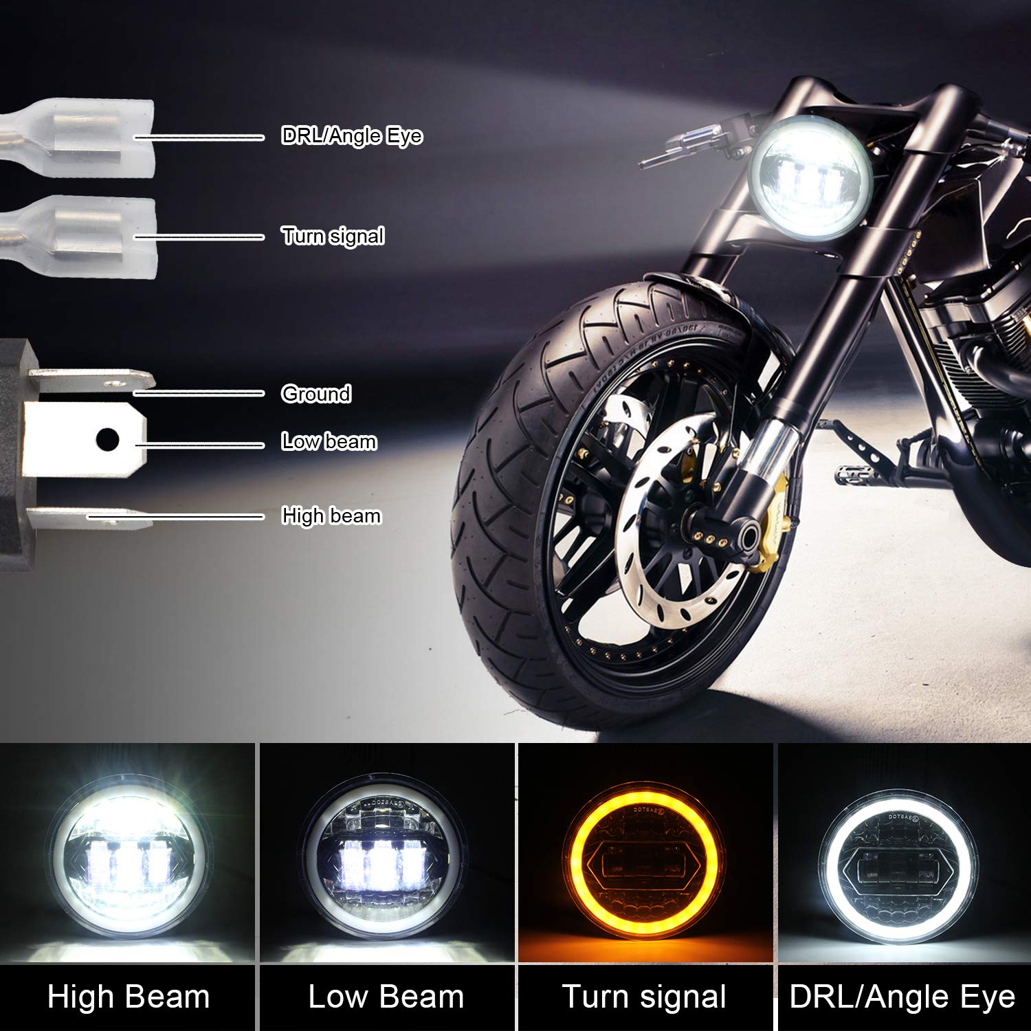Okrągły reflektor motocyklowy 5,75" LED 60 W 6000 lm 6000 K/3000 K światła mijania, światła drogowe 9-30 V HI LO, optyka wiązki światła, reflektor przeciwmgielny z kablami przełączającymi