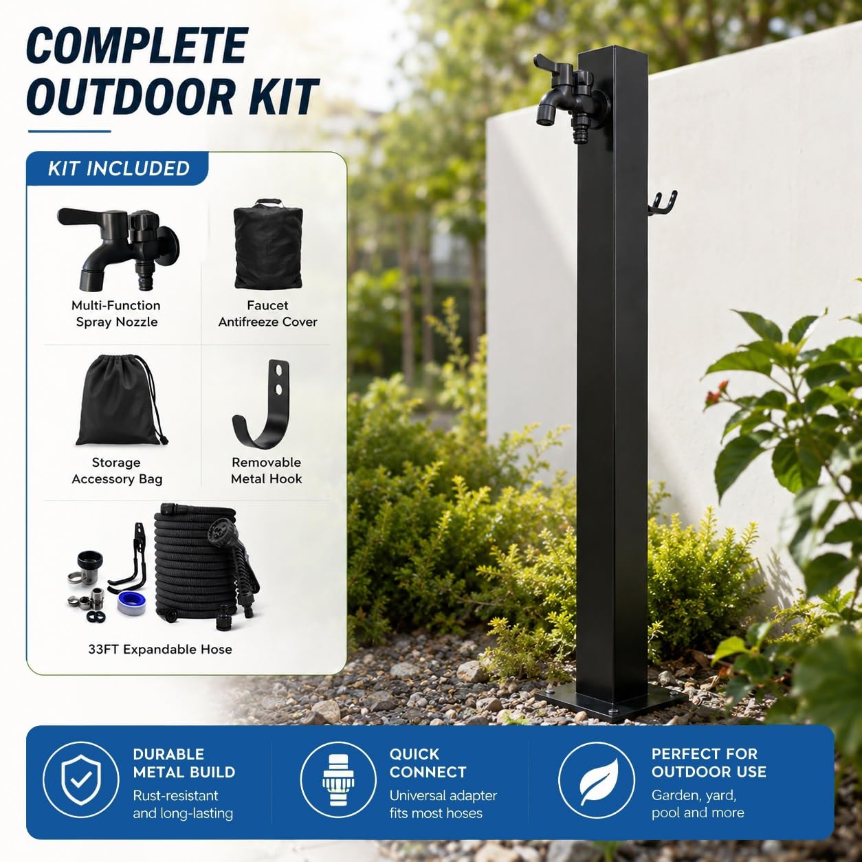 Colonnina Acqua da Giardino con Rubinetti a Doppia Uscita, Fontana da Giardino Esterno con Pistola a Spruzzo e Porta Tubo, Rubinetto Indipendente per Vasca da Giardino