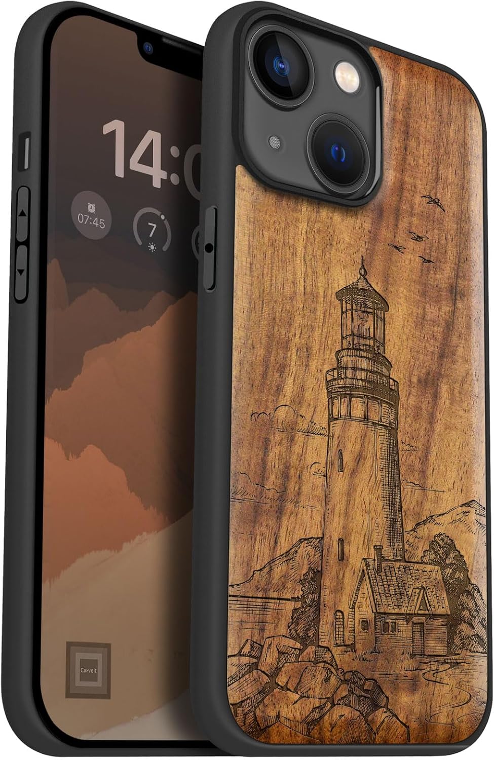 Carveit Magnetic Wood Case for iPhone 14 Case [Natural Wood & Black Soft TPU] Unique & Classy Wooden Shockproof Protective Cover Compatible with magsafe (Lighthouse -Walnut)
