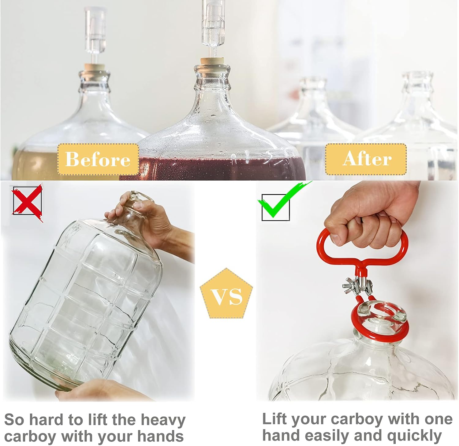 Carboy Handle, 2 Pack Carboy Carrying Handle Heavy Duty Carboy Holder for Smooth Neck 3 Gallon 5 Gallon 6 Gallon 6.5 Gallon Glass Carboys for Fermenter Wine Making Beer Brewing Home Brewing Equipment