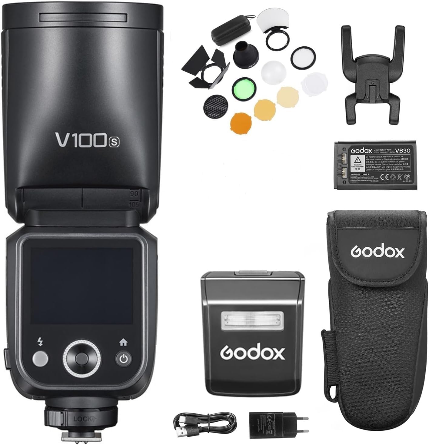 Godox V100 V100S 2.4G Wireless Camera Flash Round Head On-Camera Flash TTL Speedlite 100Ws Power Touch Control Screen Built-in LED Modeling Lamp with Detachable Sub Flash Lithium Battery for Sony