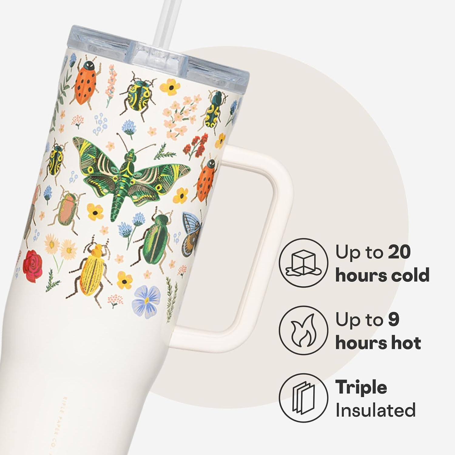 Corkcicle x Rifle Paper Co. Cruiser Insulated Tumbler with Handle & Straw - Keeps Drinks Cold 20 Hours - BPA-Free - Gift for Mom - Great for Mother's Day or Christmas - 40 oz - Curio Cream - Image 3