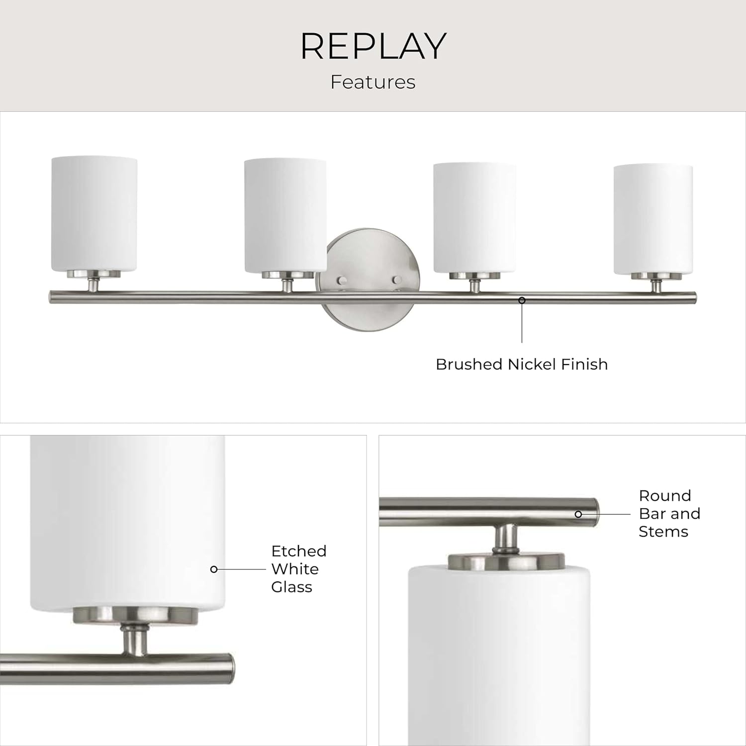 Progress Lighting 4-Light Etched White Glass Modern Bath Vanity Light, Replay Collection, Brushed Nickel (P2160-09)