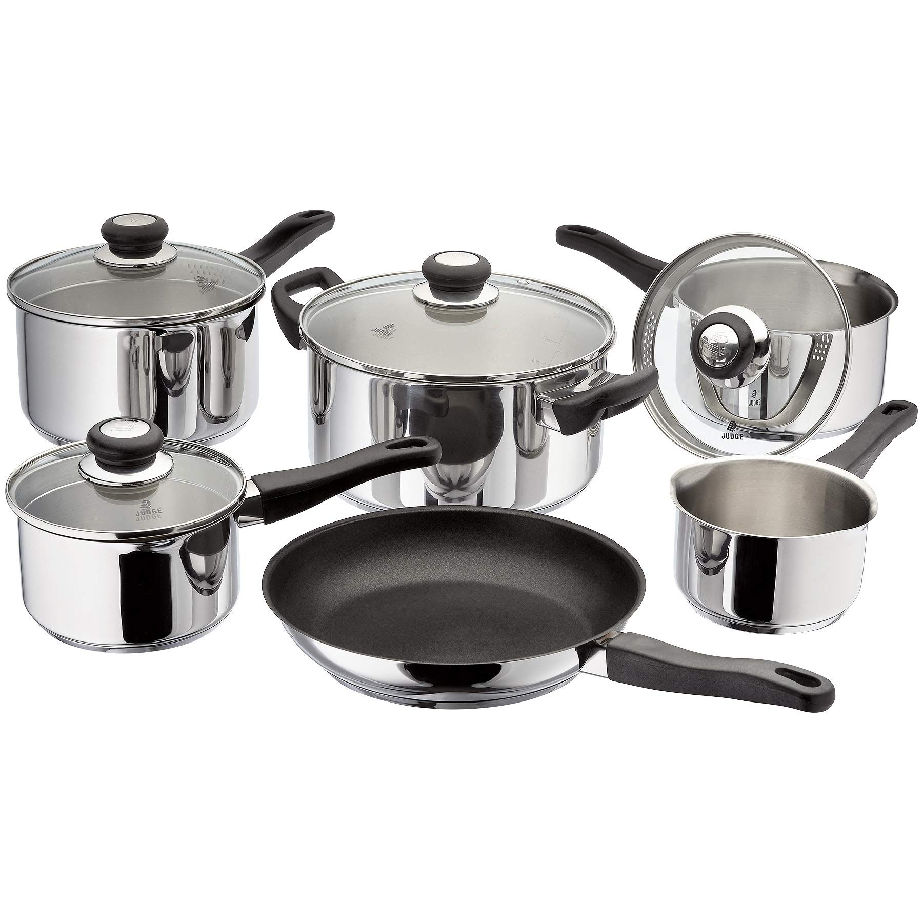 Judge Gray Vista 6-Piece Set Of Stainless Steel Pans, 16Cm, 18Cm & 20Cm Draining Saucepans With Lids, 14Cm Milk Pan, 24Cm Casserole, 26Cm Non-Stick Frying Pan,
