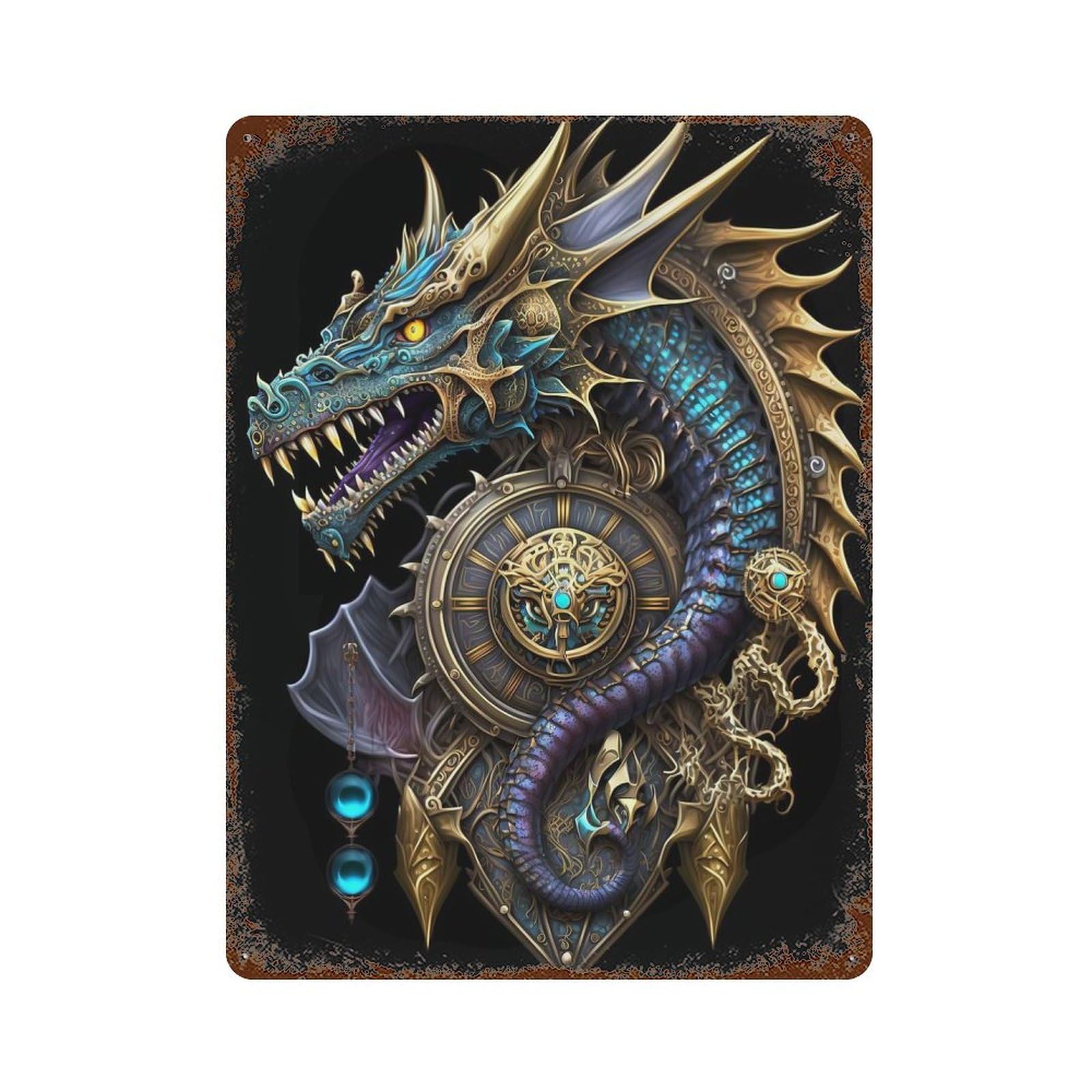 Mystical Golden Dragon Rusty Metal Tin Sign 15.7"x11.8", for Pub, Kitchen And Man Cave Decor, Novelty Wall Decor