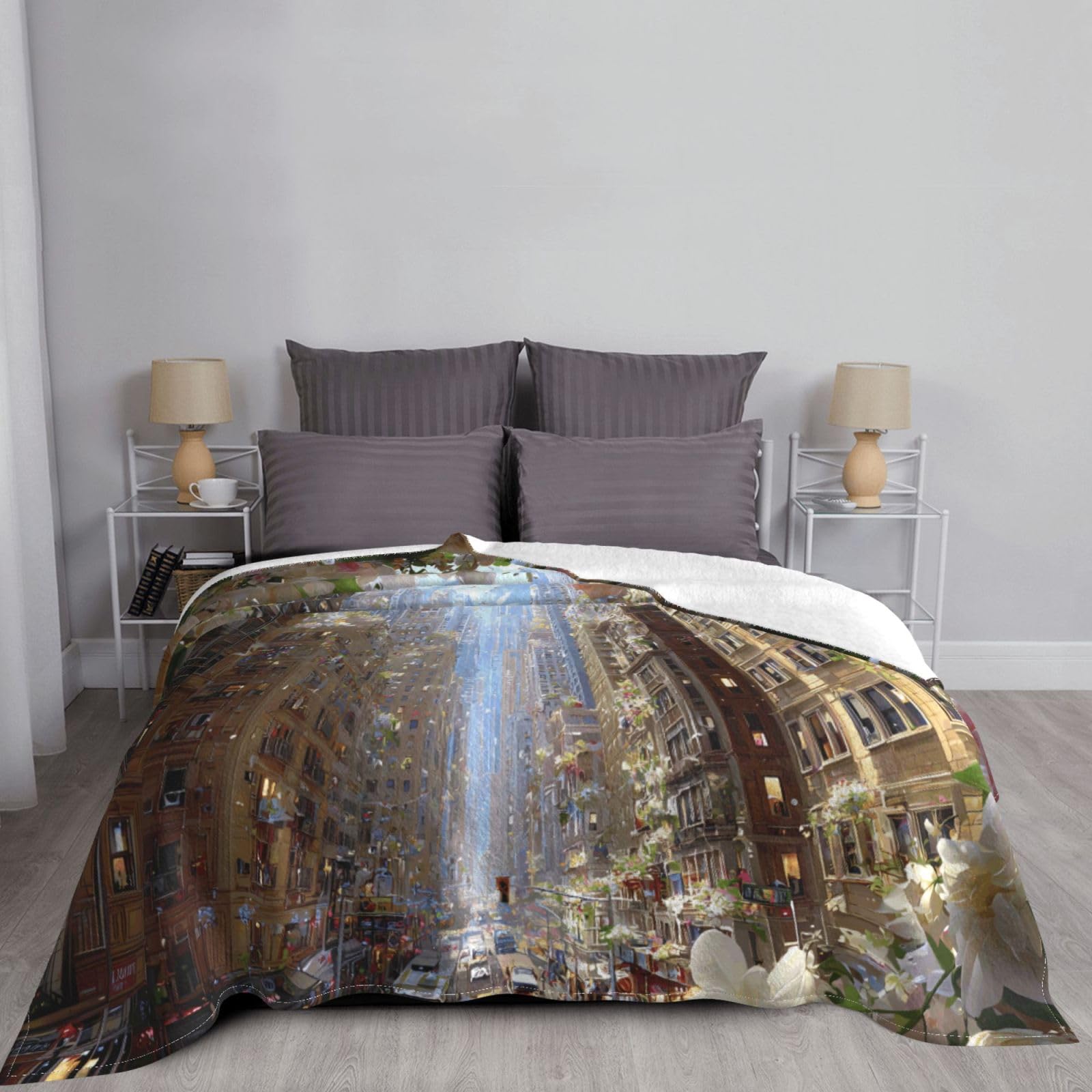 Manta de viaje portátil de 80 x 60 pulgadas, suave, resistente a las arrugas, plegable, exquisito estampado de flores de ciudad