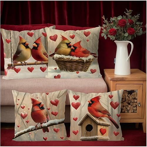 Miniatura 2 de Juego de 4 fundas de almohada para el día de San Valentín de 18 x 18 pulgadas, juego de 4 fundas de almohada cardenales con corazones de amor,