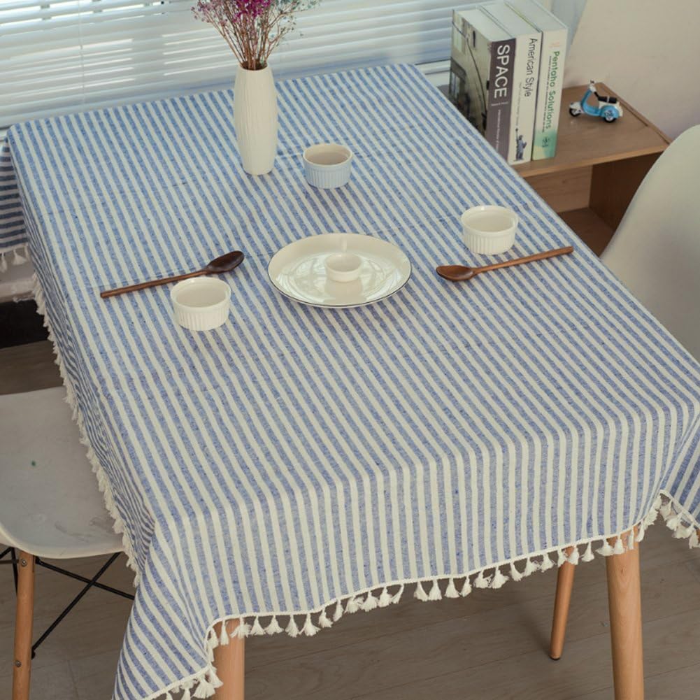 meioro Striped Tablecloth Rectangle Tablecloths Tassel Table Cloth Washable Tabletop Decorative Fabric Table Cover for Kitchen Dinning(Blue/White Stripes,153x305cm) - Image 4