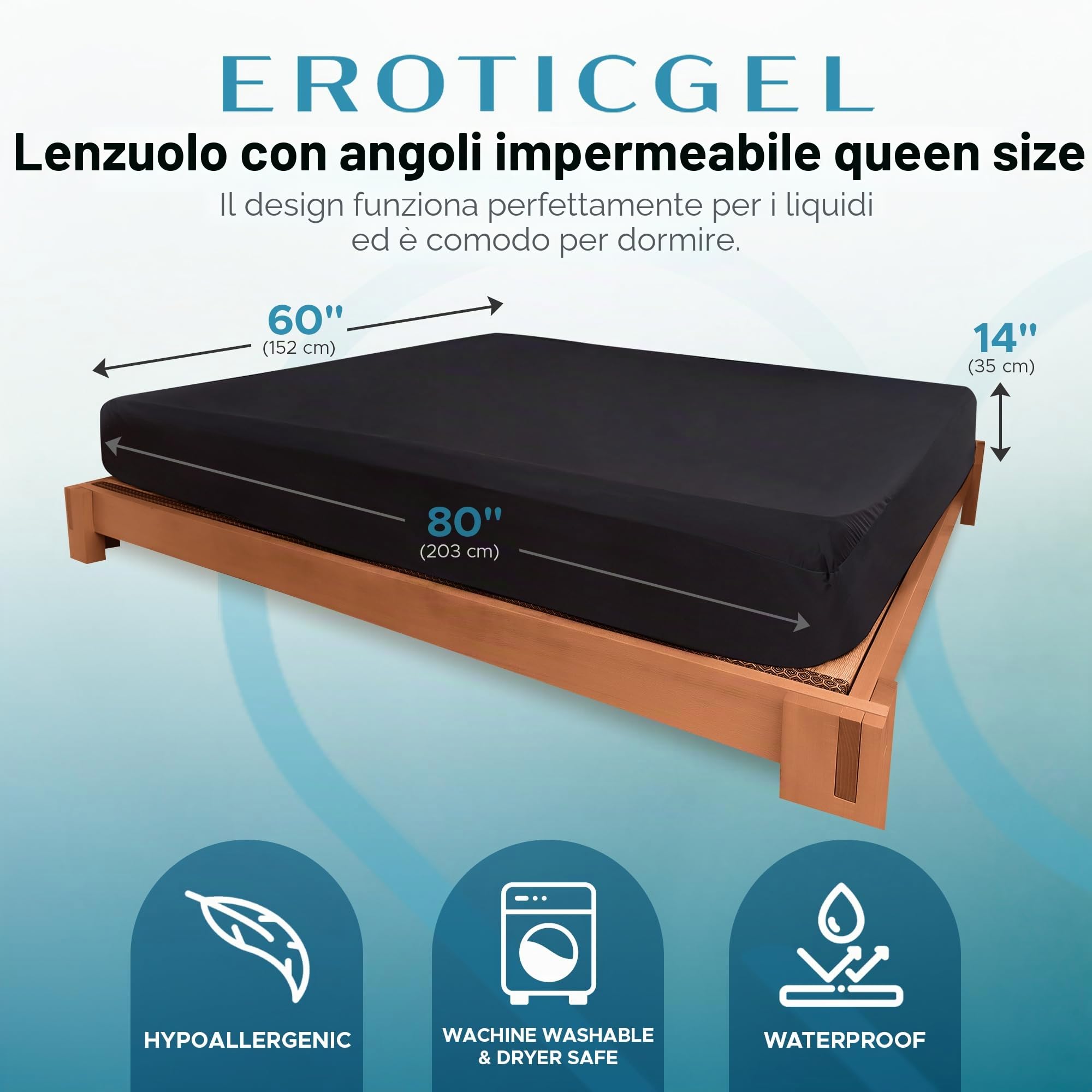 Lenzuolo con angoli Queen impermeabile, tasca profonda 35 cm, coprimaterasso 100% nero, sicuro con prodotti per massaggi a base di olio, a base d'acqua e silicone, lavabile in lavatrice, silenzioso