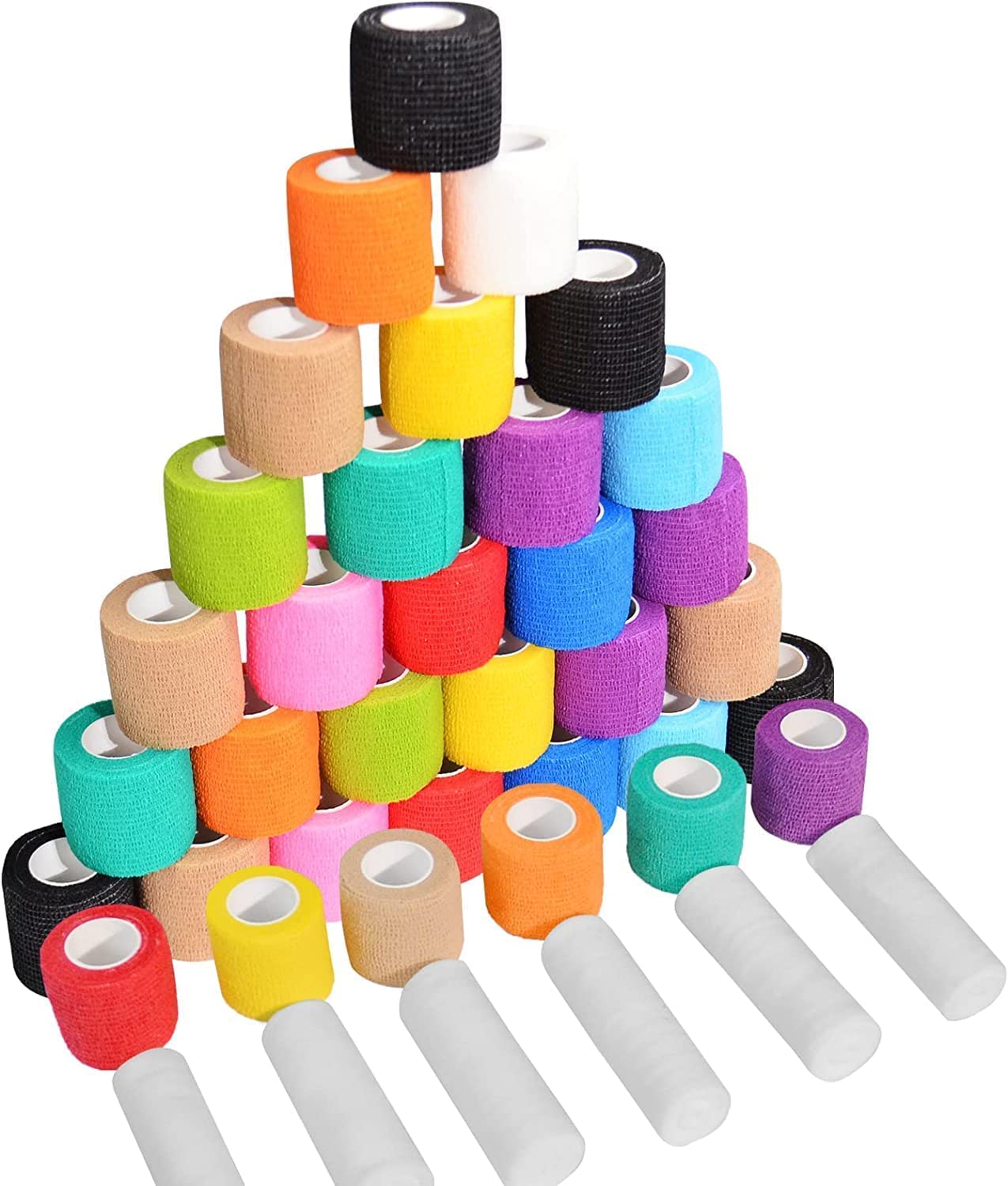 Self Adhesive Bandage Wrap, 24 Pack 5cm x 4.5m Elastic Bandages, with Extra 10 Gauze Rolls, Breathable, Waterproof Athletic Wrap Tap for Sports, First Aid, Cohesive Vet Wrap for Pets, 12 Colors