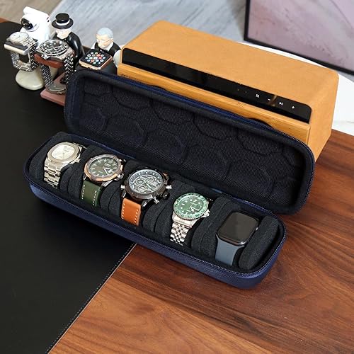 Miniatura 5 de Besforu Caja organizadora de relojes duros para hombres o mujeres, funda de viaje para 5 relojes, soporte portátil para relojes de pulsera y relojes