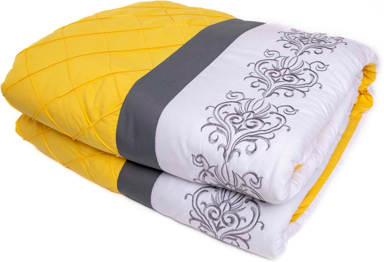 Legacy Decor 7 Pc Grey, Yellow and White Striped Comforter Set with Embroidered Design, Full Size