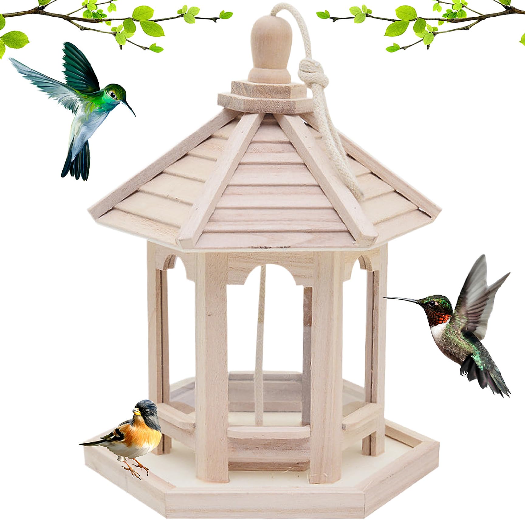 Comedero para pájaros de madera, mesa para pájaros colgante impermeable con techo extraíble, comedero para casa de jardín natural, mesa decorativa de madera para amantes y decoraciones de jardín