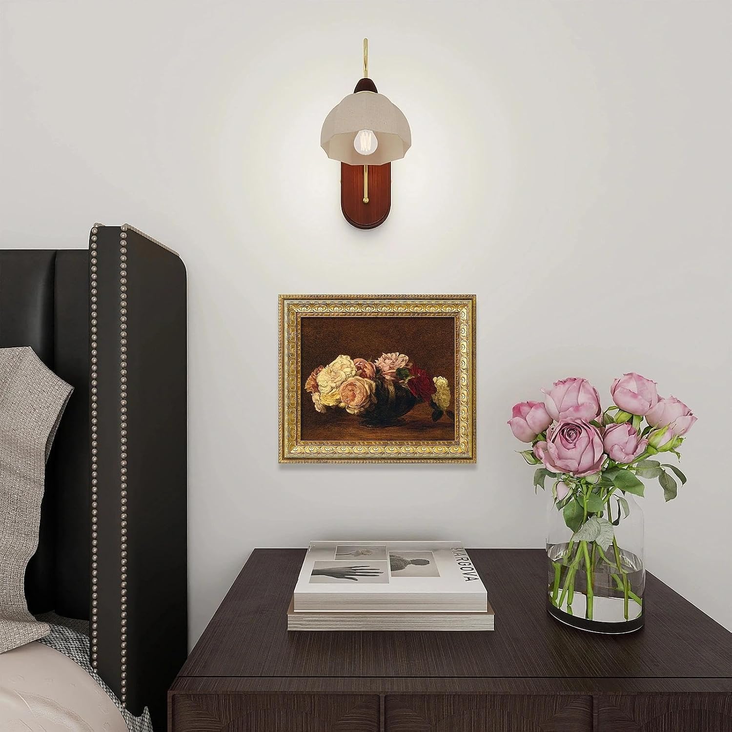 VIOLABBEY Gold Framed Vintage Rose Wall Art, Moody Floral, 8 x 10 inch