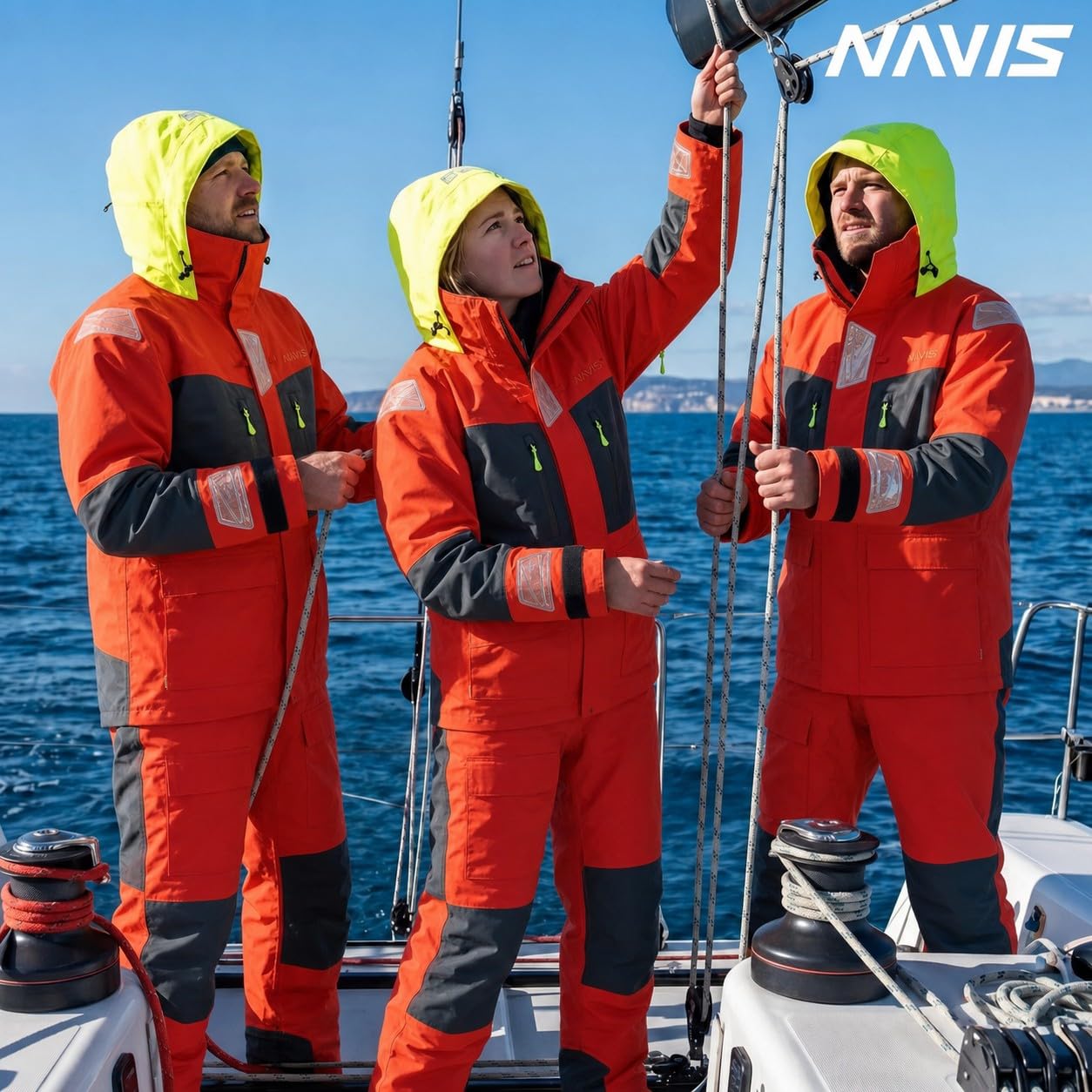 Herren Offshore Segelanzug 3-Lagen Wasserdicht Atmungsaktiv - Profi Segeljacke mit Neon-Kapuze & Reflektoren + Verstärkte Latzhose NS-547