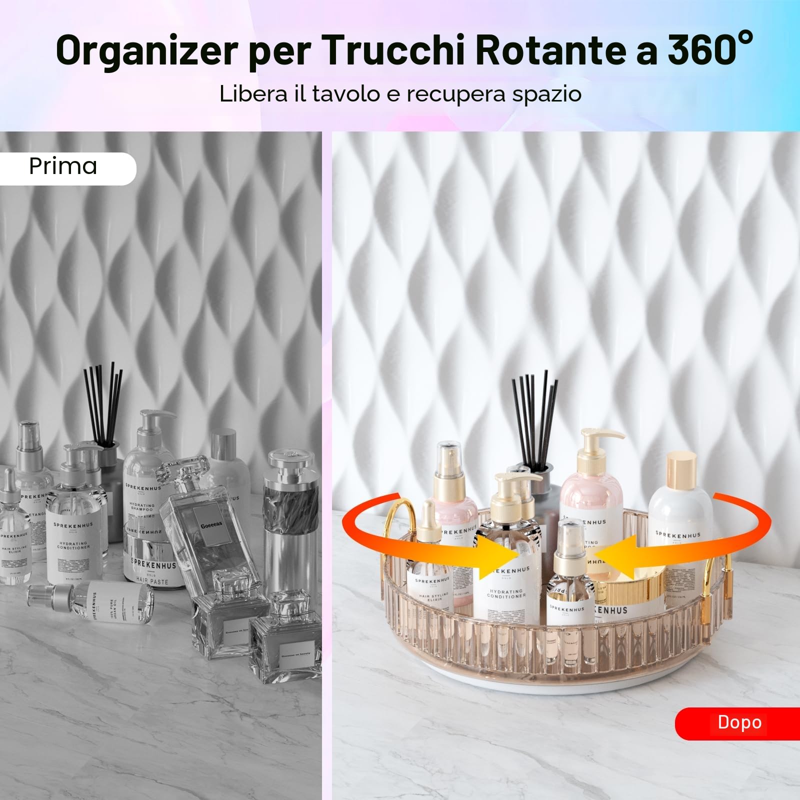 MOACC Porta Trucchi Rotante a 360°, Organizzatore di Cosmetici ad Grande Capacità, Organizzatore di Profumi, Make Up Organizer Adatti per Toeletta Camera da Letto Bagno Cucina, 1 Strato, Ambra