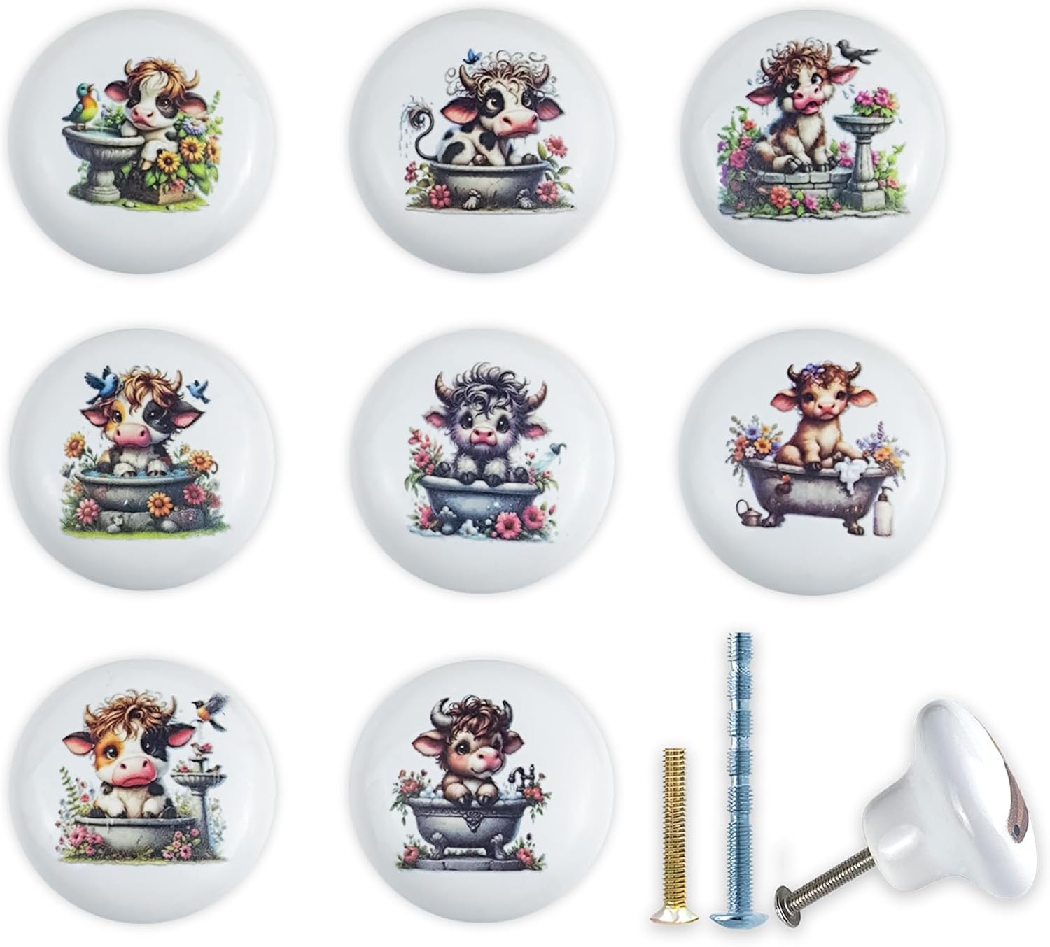 JamJam Set of 8 1.5" Ceramics Cow with Flower Knobs Unique Rustic Farmhouse Kitchen Cabinet Knobs Dresser Drawer Pulls