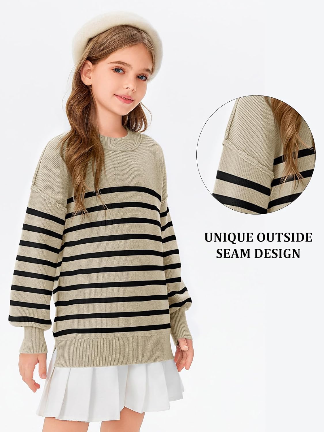 Girls Striped Oversized Sweaters Fashion Batwing Sleeve Side Slit Knit Pullover Clothes 5-14 Years - Image 4