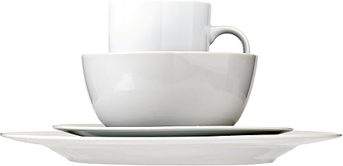Miniatura 6 de Amazon Basics Juego de vajilla de porcelana de 16 piezas con platos, cuencos y tazas, servicio para 4 personas, color blanco