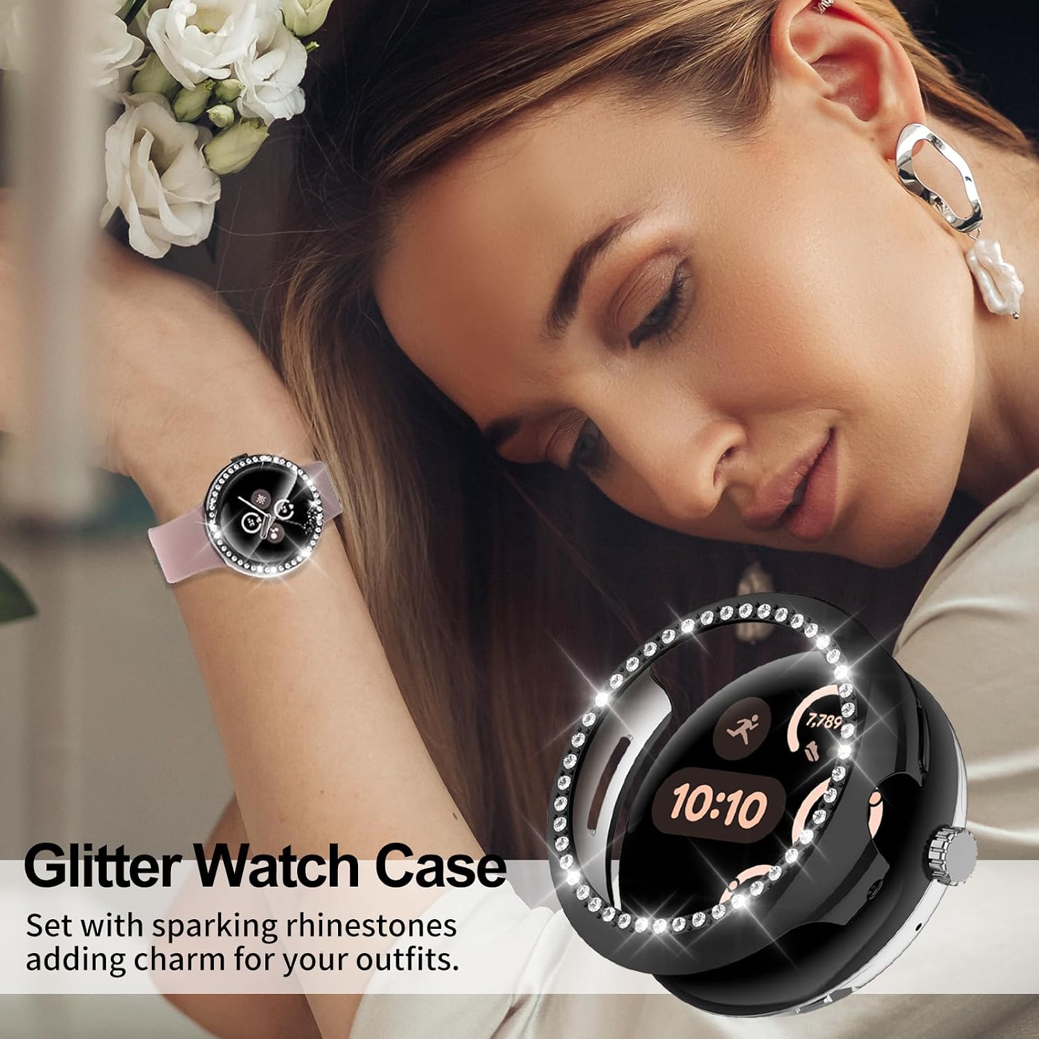 2 Pack for Google Pixel Watch 3 45mm Screen Protector Case [Full Coverage], Crystal Diamond Bling Case Hard PC Bumper All-Around Protective Accessories Built-in Tempered Glass Film