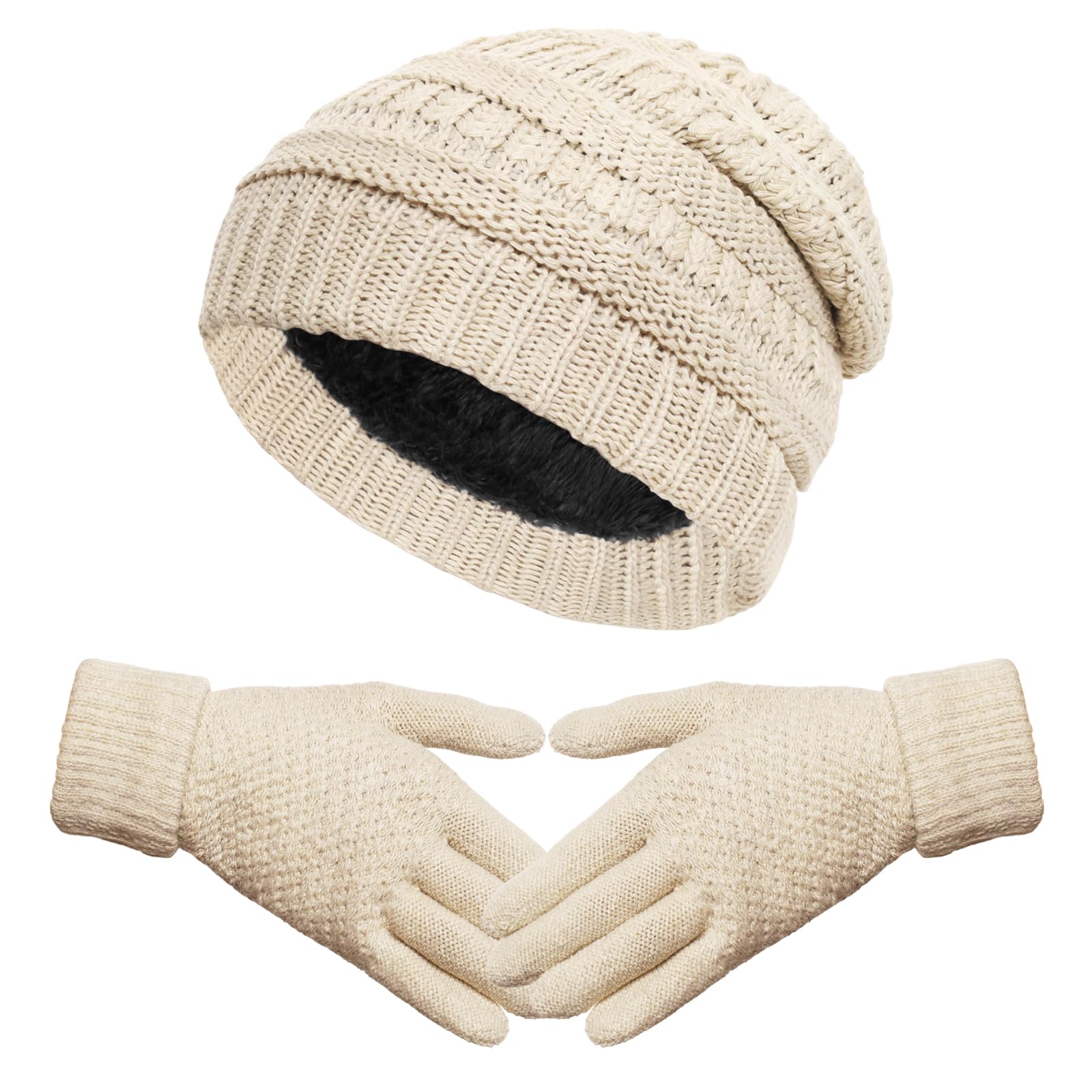 Womens Winter Knit Hat and Gloves Set Arctic Fleece Lined Warm Beanies Cap Soft Knitted Hat with Matching Gloves Cozy Cold Weather Accessories for Outdoor Travel Beige