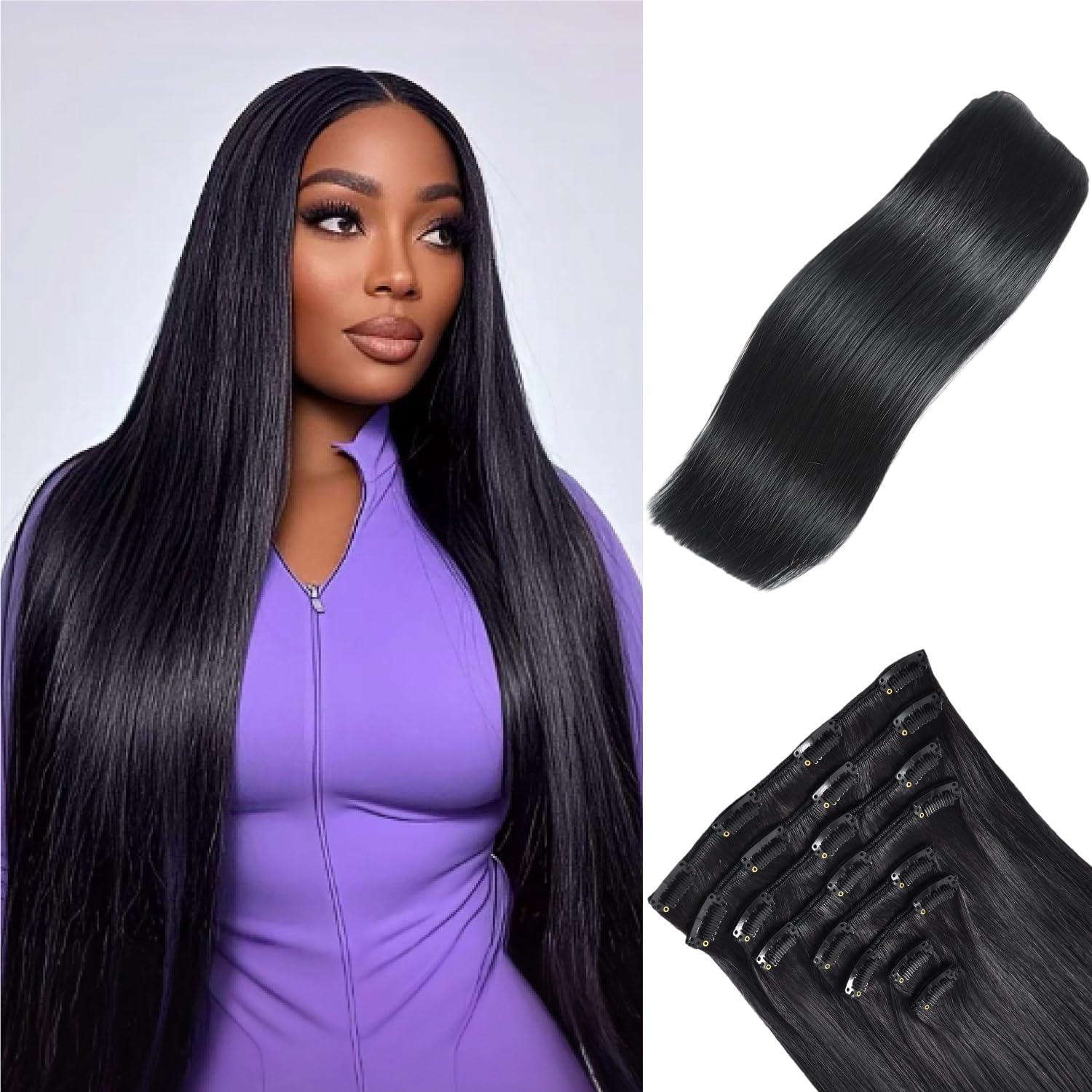 Nuzusa Clip in Hair Extensions Real Human Hair,100% Seamless Remy Human Hair Straight,Clip Extensions for Women, 8pcs Per Set with Double Weft,1B Natural Black,22inch 110g/4oz