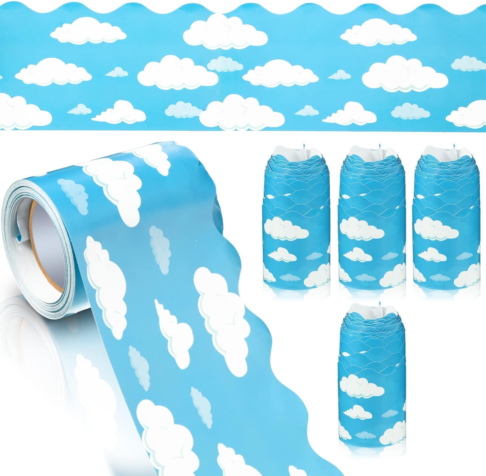 Lonimia Bulletin Board Border, Blue Sky Clouds Classroom Borders For Board, Scalloped Decor, Trim Decor (1Pcs)