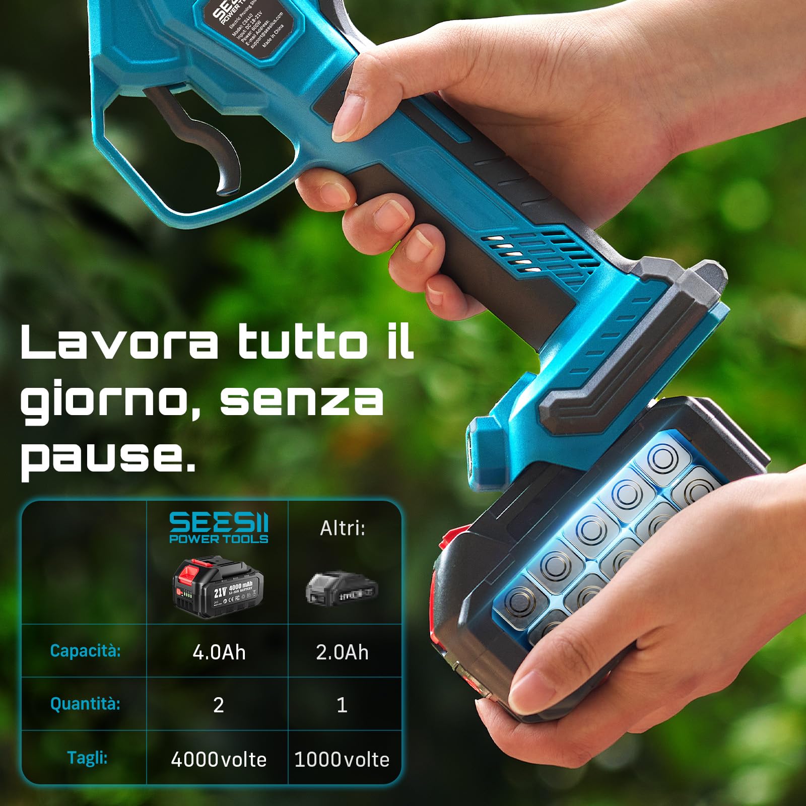 SEESII Forbici Potatura a Batteria 40 mm – Forbici Elettriche con 2× 4000mAh Batterie, Lama SK5, Motore Senza Spazzole, Schermo LCD, per Frutteti, Paesaggistica e Giardinaggio Professionale, CS440