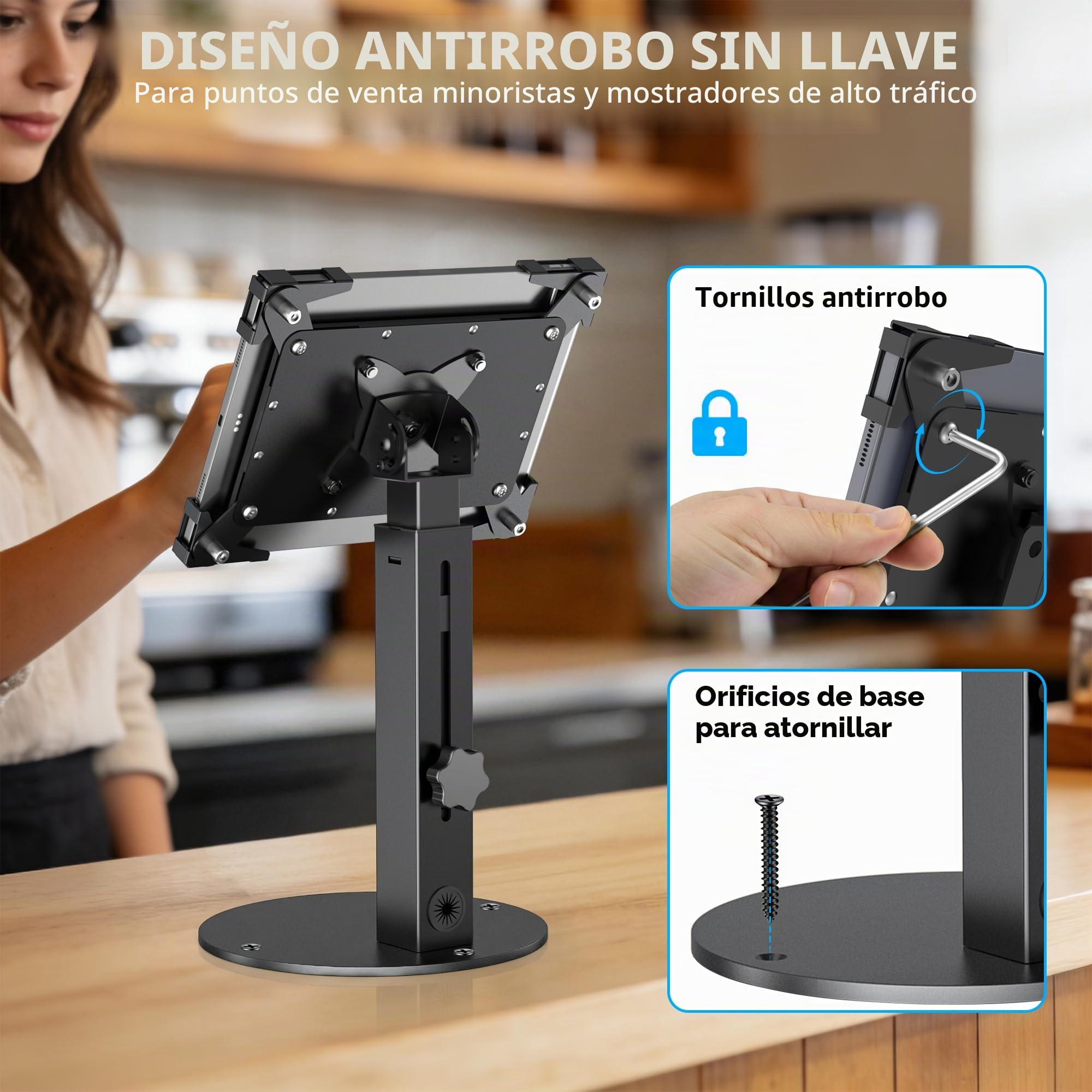 Soporte Antirrobo Kiosco Para Tablet De 10"-14" iPad Pro Air Y Samsung, Montaje TPV De Mostrador Seguro De Acero Resistente Para Negocios Y Tiendas Comerciales, Altura Ajustable, Rotación 360°, Negro