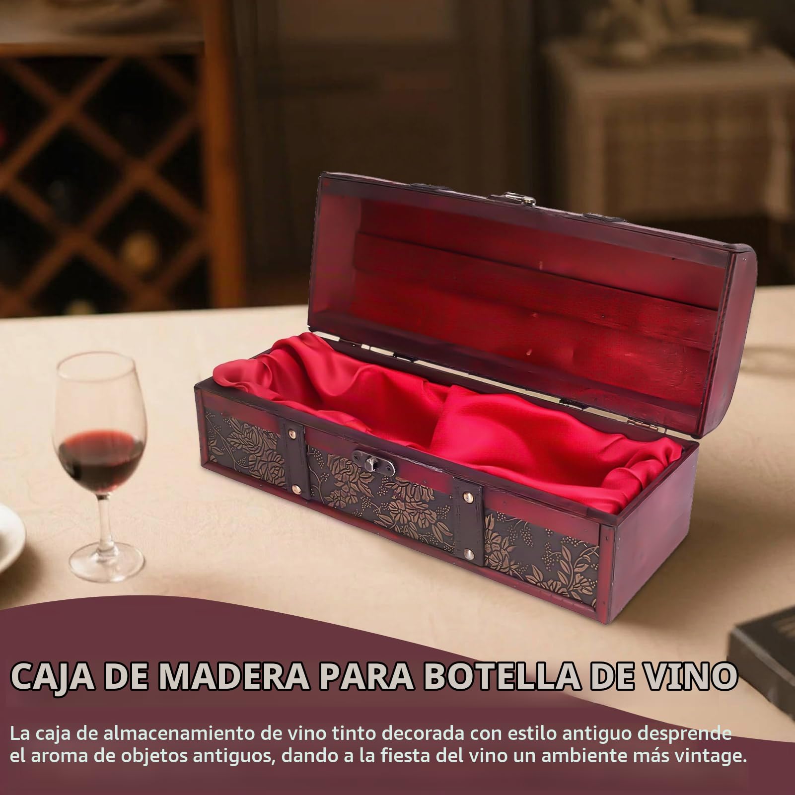 Cyrank Caja de madera para botellas de vino, caja de regalo vintage, caja de regalo para botellas de vino de madera vintage, caja de almacenamiento para vino tinto, champán, caja de vino individual