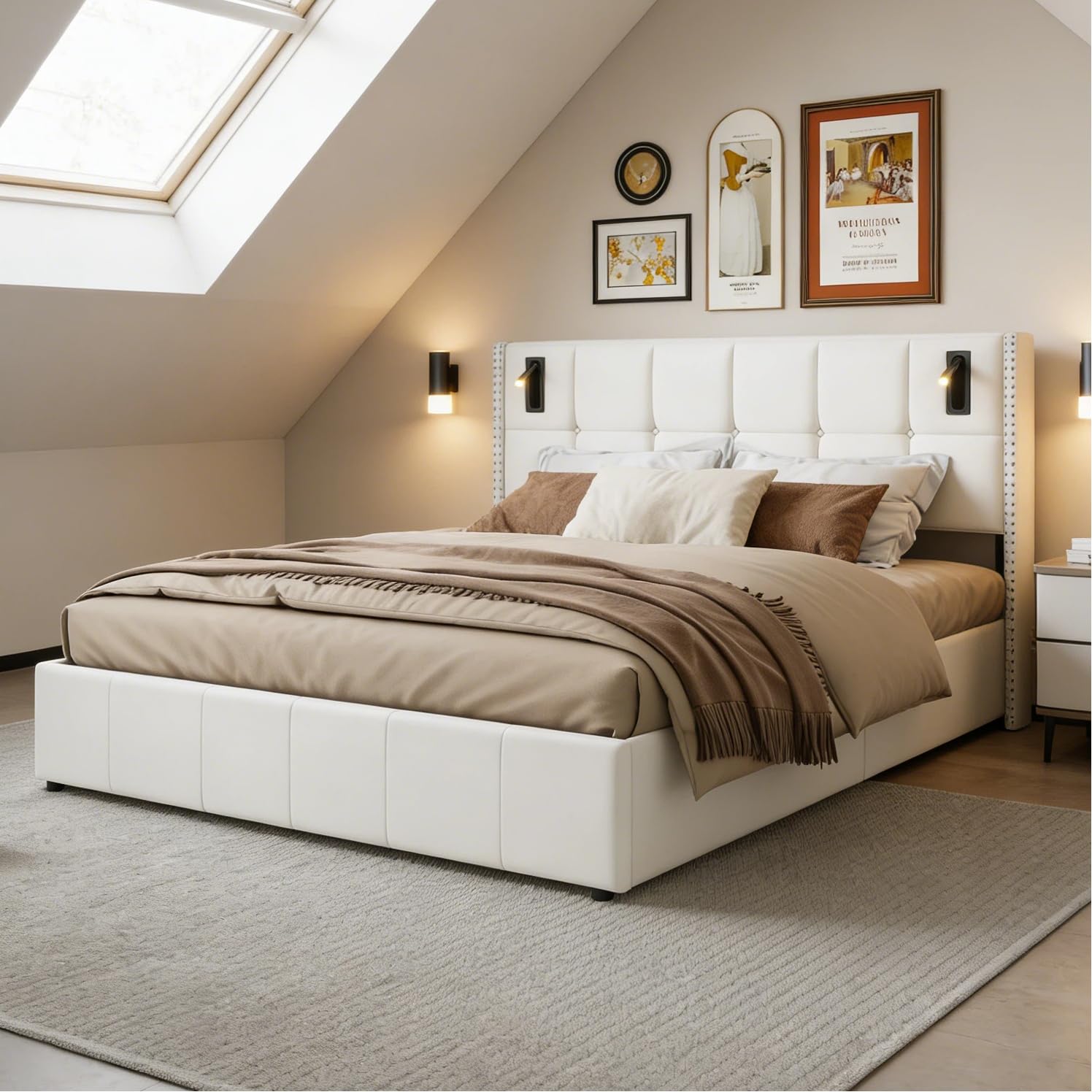 BRILVERDE Cama Tapizada 160x200 con Almacenamiento hidráulico, Cama matrimonial con lámpara de mesita, Cabecero Acolchado y Base de Láminas, Terciopelo (Beige, 160 x 200 cm)