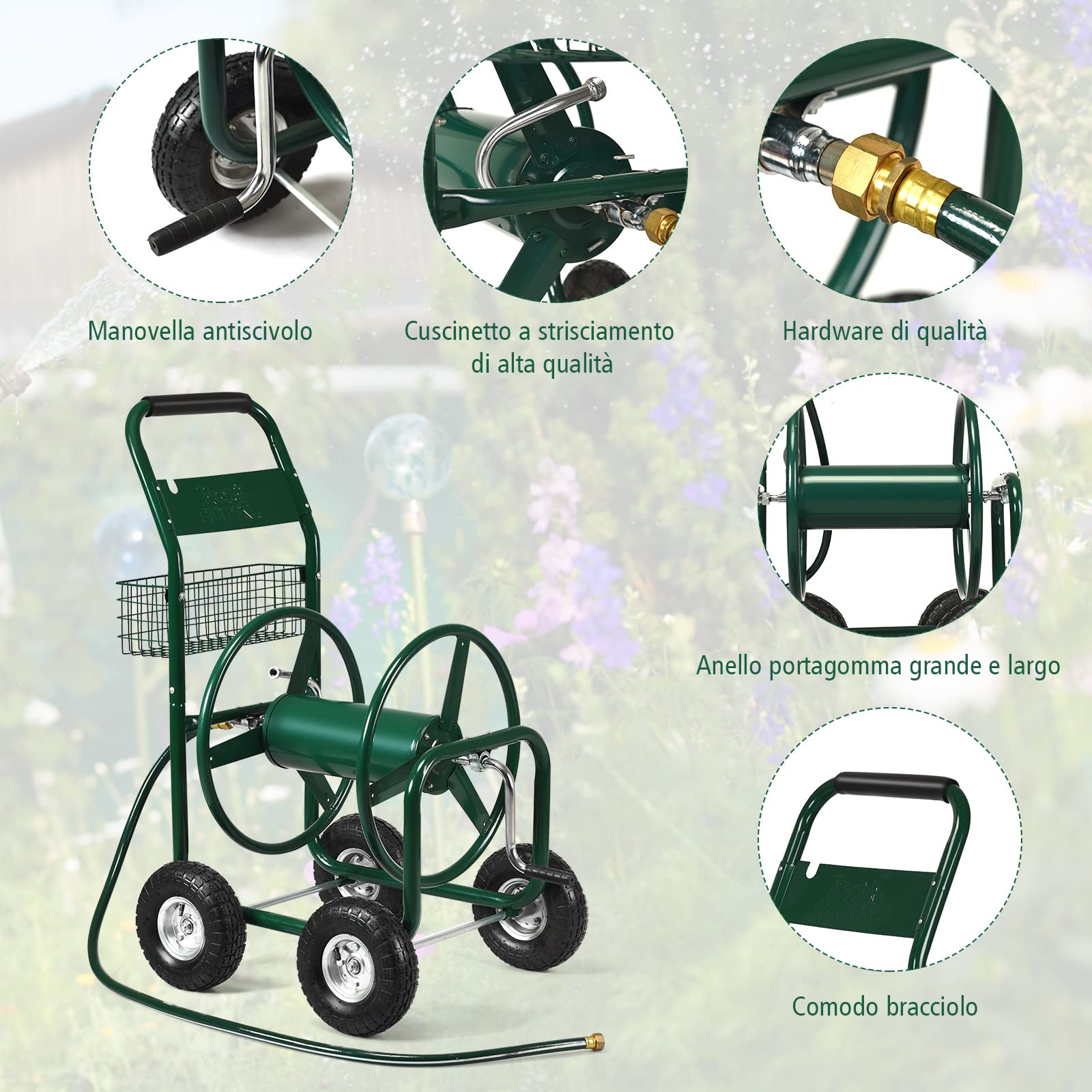 RELAX4LIFE Carrello Avvolgitubo da Giardino, Carrello di Irrigazione Mobile con Ruote ø26cm in Gomma e Cestino Portaoggetti, 95 x 62 x 113 cm