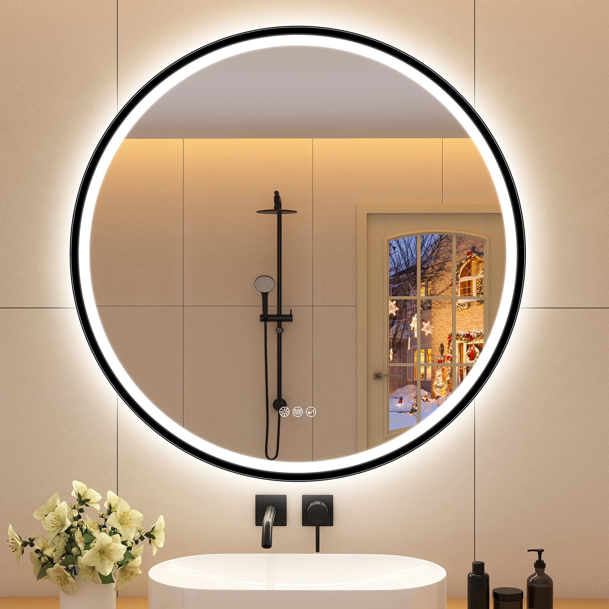 Miroir connecté Bluetooth pour salle de bain moderne avec grand cadre rond noir mat STARLEAD