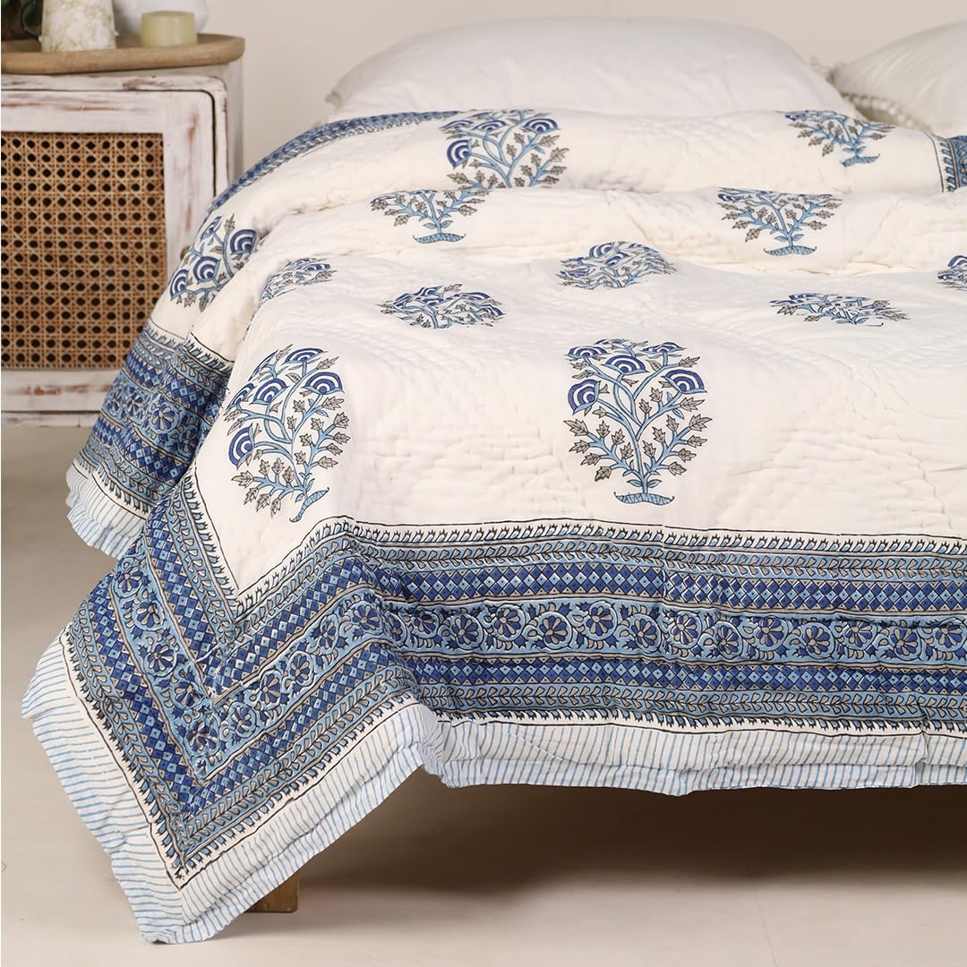 Peepultree Single Bed Hand Block Printed Cotton Quilt Jaipuri Razai Softness & Style | Beautiful Floral AC Blanket, Reversible, Breathable, Made in India (White & Blue)-image-32